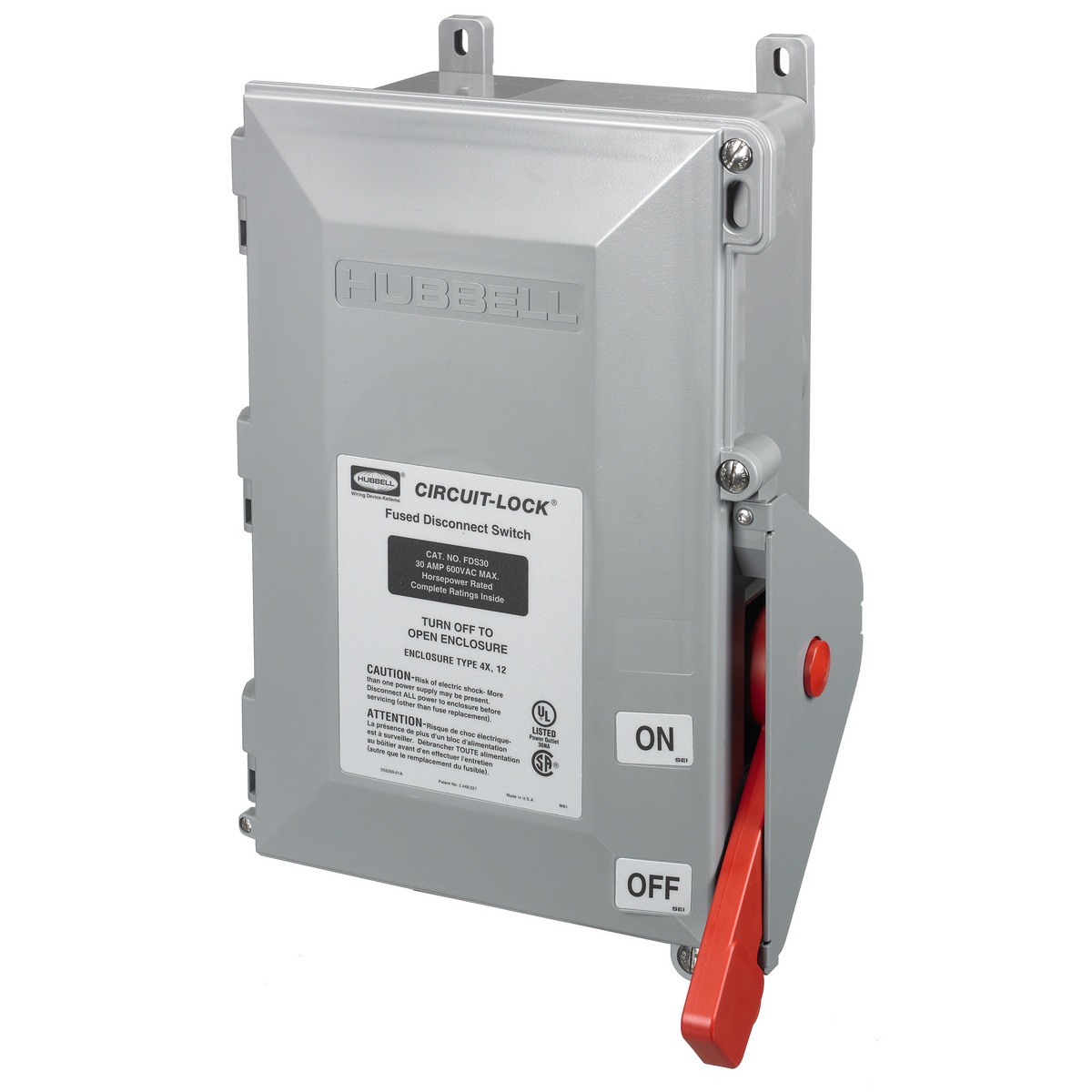 Hubbell Wiring Device-Kellems Circuit-Lock® FDS30 Extra Heavy Duty Fused Non-Metallic Standard Disconnect Switch, 600 V AC, 30 A, 20 hp, 3PST Contact, 3 Poles