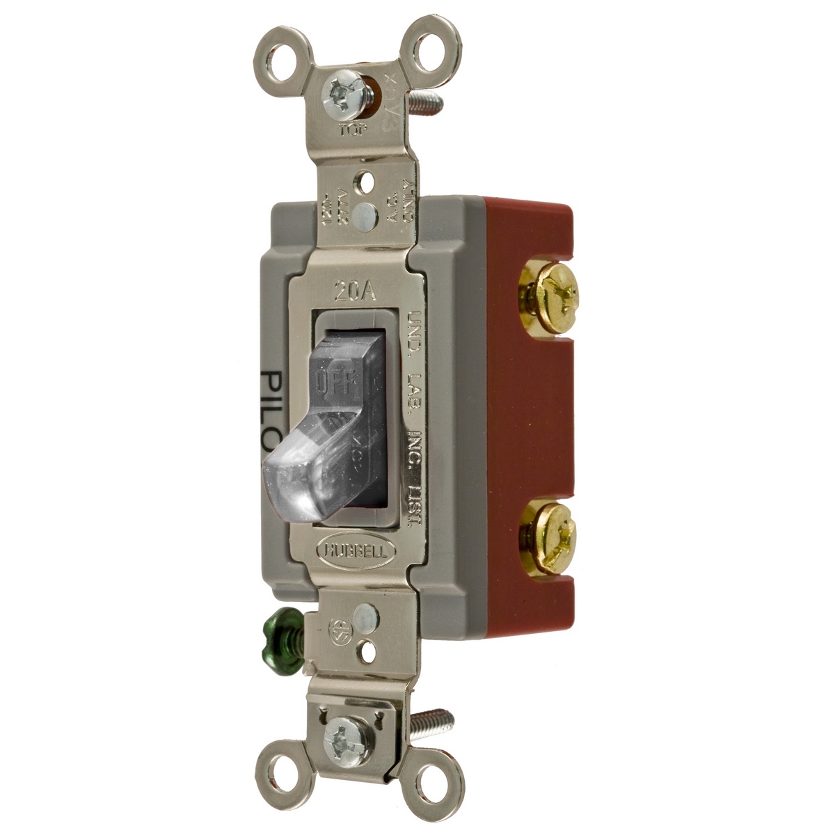 Hubbell Wiring Device-Kellems HBL® HBL1221PLC HBL® Extra Heavy Duty General Purpose Pilot Light Standard Toggle Switch, 120 to 277 V AC, 20 A, 5540 W Power Rating, 2-Position Contact