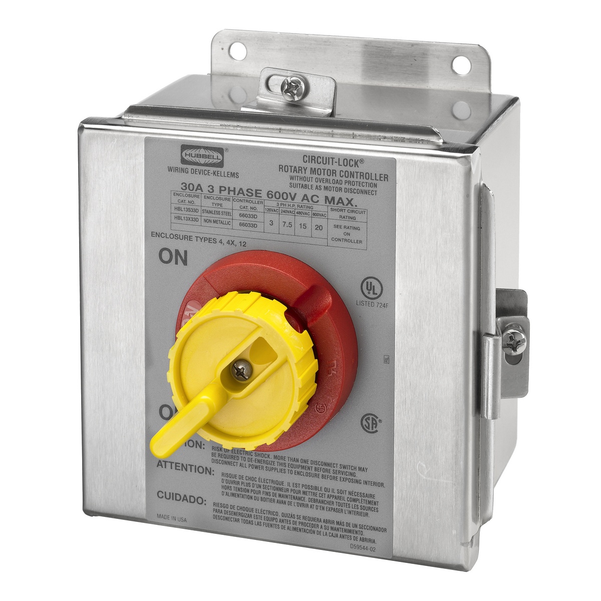 Hubbell Wiring Device-Kellems Circuit-Lock® HBL13S33D HBL Back/Side Wired Enclosed Industrial Grade Non-Fused Standard Disconnect Switch, 600 V, 30 A, 20 hp, 3 Poles