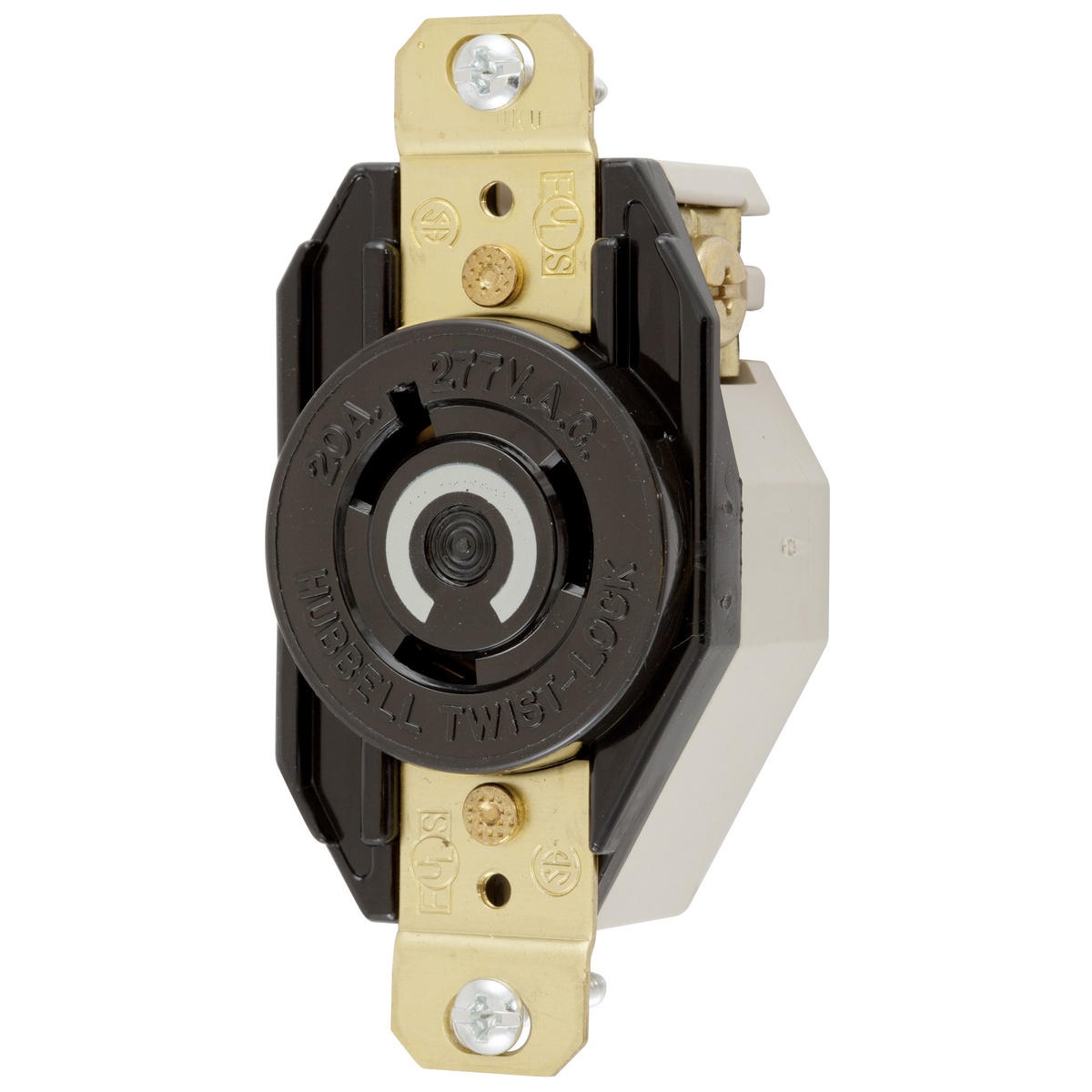Hubbell Wiring Device-Kellems Twist-Lock® Insulgrip® HBL2330 HBL® 1-Phase Flush Mount Grounding Heavy Duty Single Screw Mount Locking Receptacle, 277 V AC, 20 A, 2 Poles, 3 Wires, Black