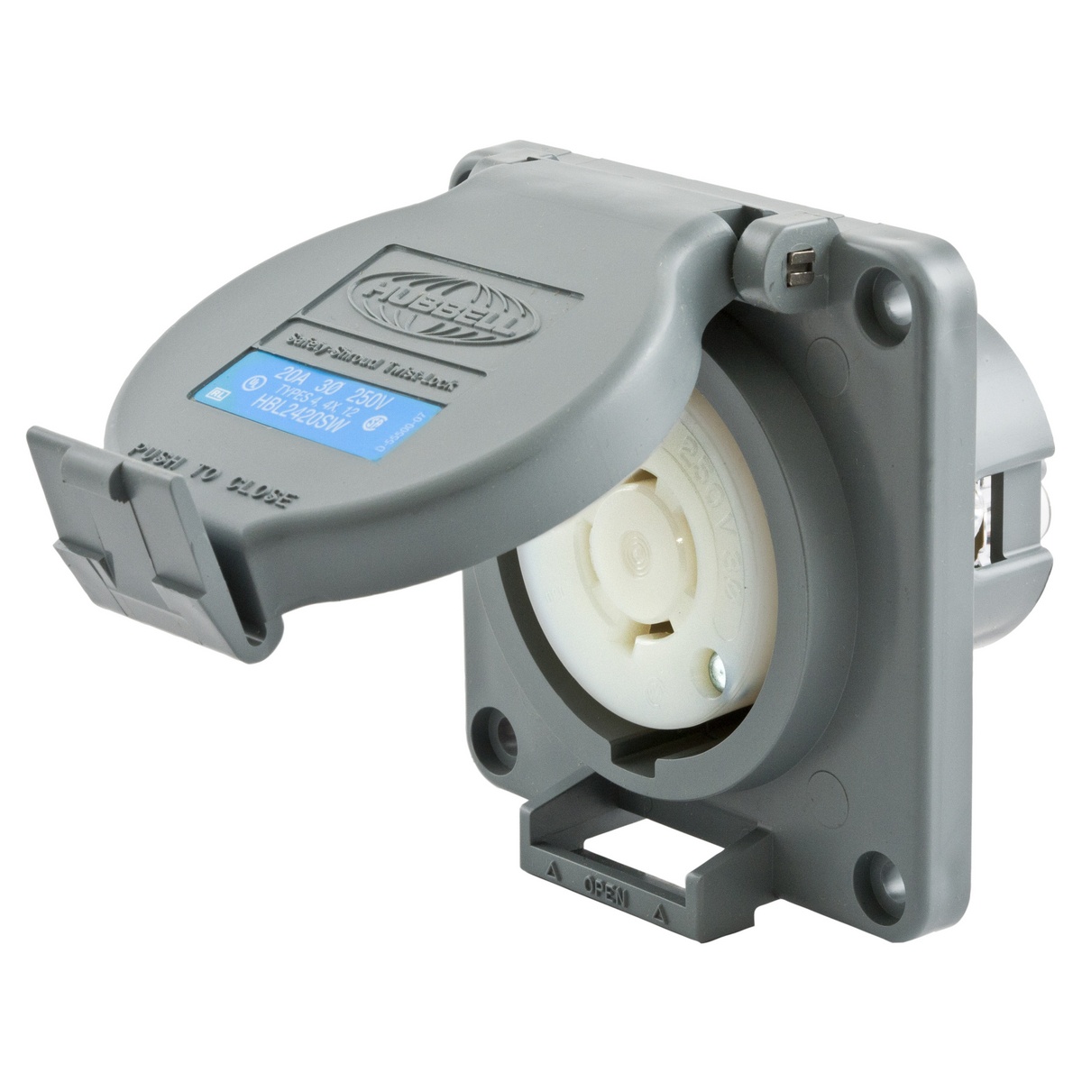 Hubbell Wiring Device-Kellems HBL2420SW HBL® 3-Phase Grounding Heavy Duty Watertight Single Screw Mount Locking Receptacle, 250 V AC, 20 A, 3 Poles, 4 Wires, Gray/White