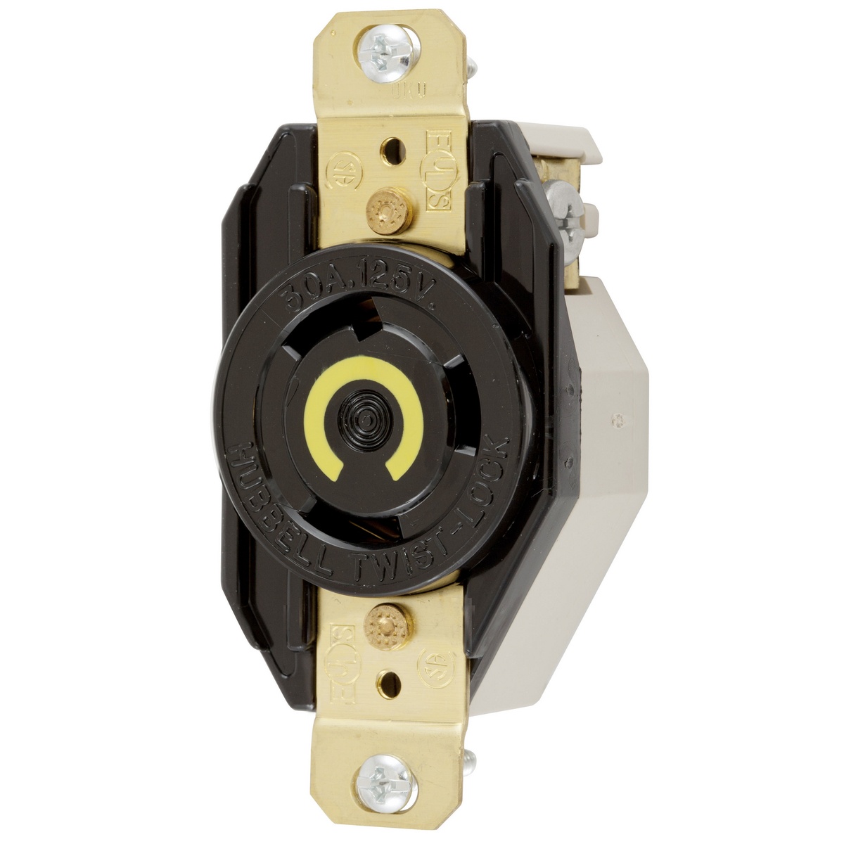 Hubbell Wiring Device-Kellems Twist-Lock® Insulgrip® HBL2610 HBL® 1-Phase Flush Mount Grounding Heavy Duty Single Screw Mount Locking Receptacle, 125 V AC, 30 A, 2 Poles, 3 Wires, Black