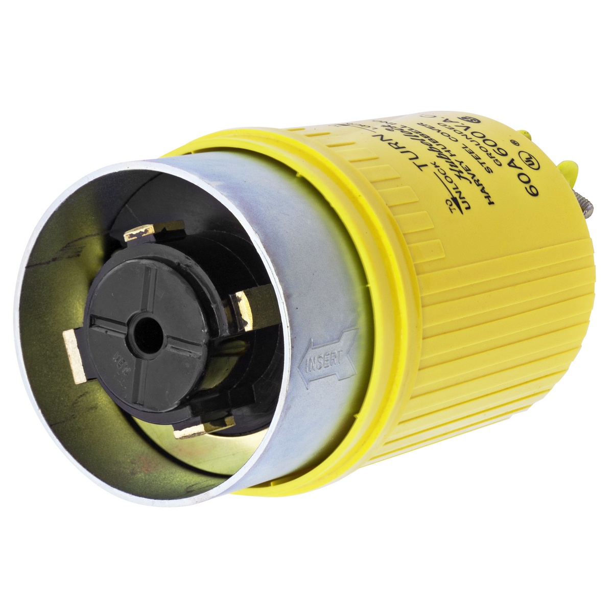 Hubbell Wiring Device-Kellems HBL26419 HBL® 3-Phase Heavy Duty Grounding Cord Mount Locking Plug, 600 V AC, 60 A, 3 Poles, 4 Wires, Yellow