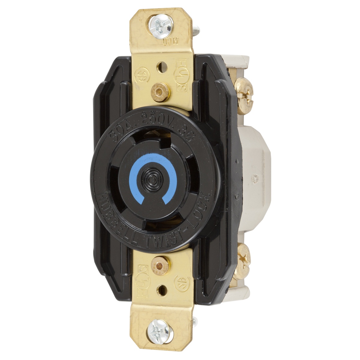 Hubbell Wiring Device-Kellems HBL2720 HBL® 3-Phase Flush Mount Grounding Heavy Duty Single Screw Mount Locking Receptacle, 250 V AC, 30 A, 3 Poles, 4 Wires, Black