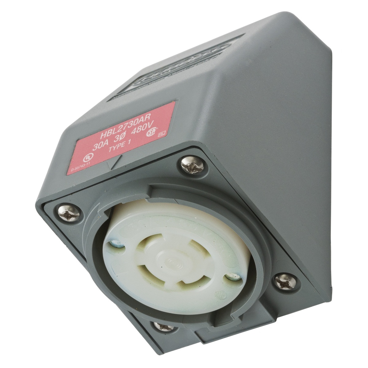 Hubbell Wiring Device-Kellems Twist-Lock® Safety-Shroud® HBL2730AR HBL® 3-Phase Heavy Duty Single Screw Mount Locking Receptacle, 480 V AC, 30 A, 3 Poles, 4 Wires, Gray/White