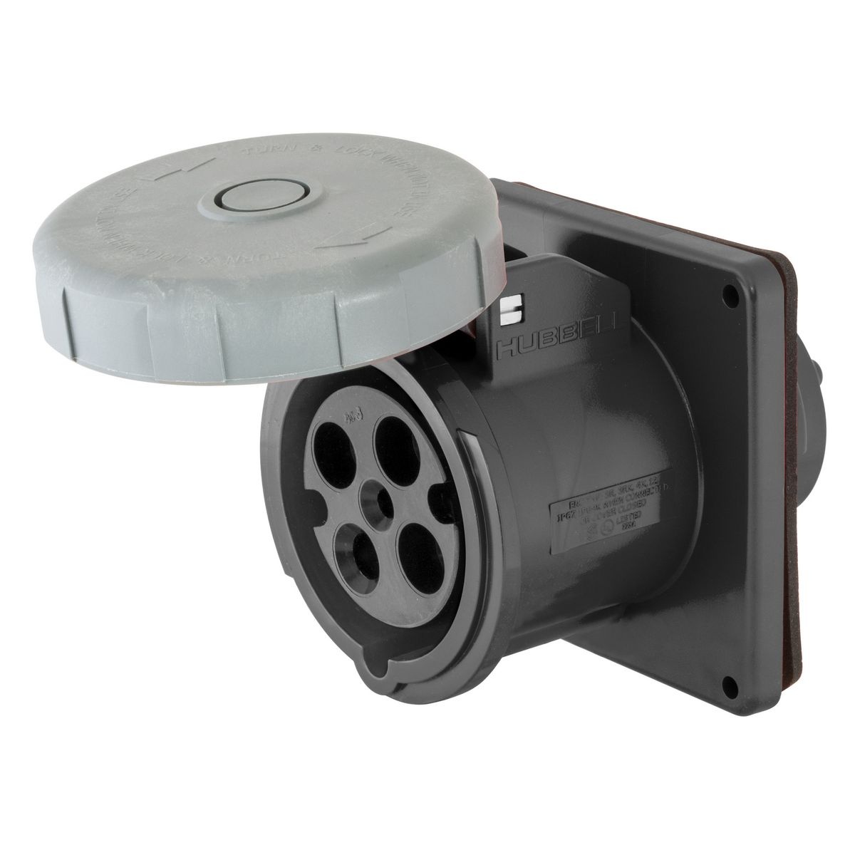 Hubbell Wiring Device-Kellems HBL430R5W 3-Phase Flanged Grounding Non-NEMA Single Flanged Standard Watertight Screw Mount Pin and Sleeve Receptacle, 600 V AC, 30 A, 3 Poles, 4 Wires, Black