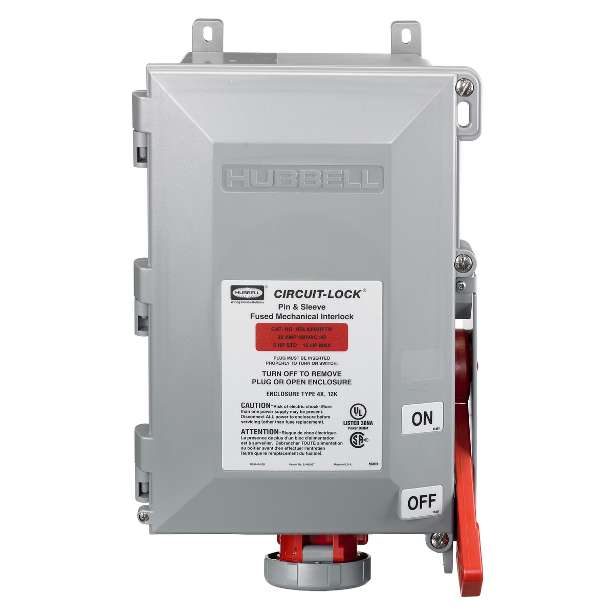 Hubbell Wiring Device-Kellems HBL® Circuit-Lock® HBL460MIF7W 3-Phase Female Grounding Industrial Grade Fused Standard Pressure Screw Terminal Watertight Pin and Sleeve Mechanical Interlock, 480 V AC, 60 A, 3 Poles, 4 Wires