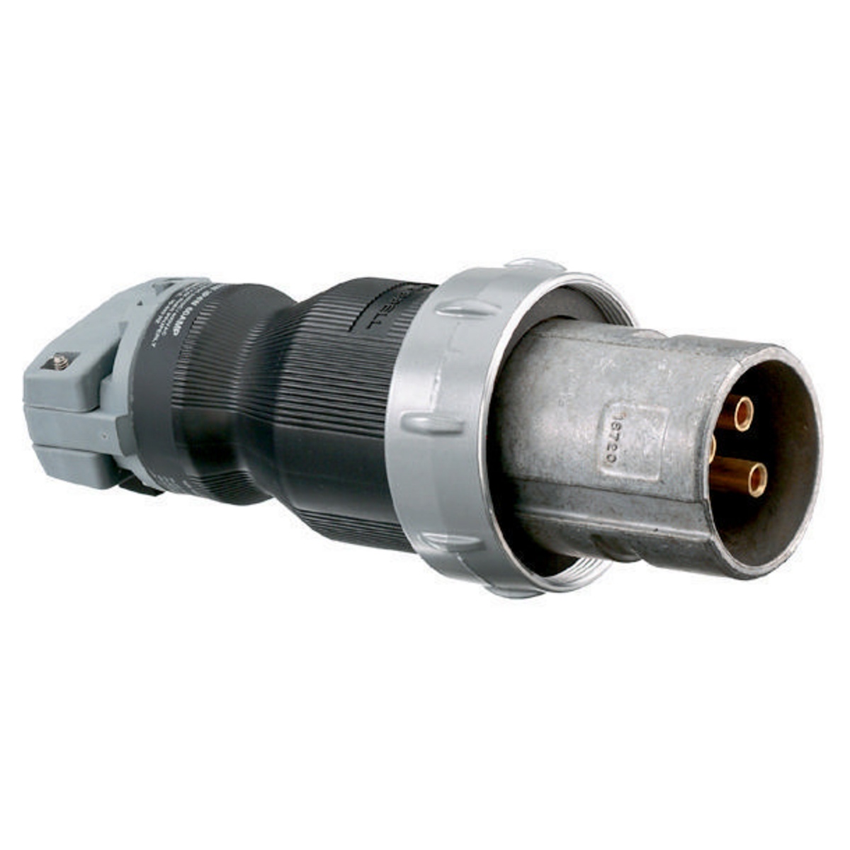 Hubbell Wiring Device-Kellems HBL460PS1W Type 1 Grounding Male Non-NEMA Portable Standard Watertight Cord Mount Pin and Sleeve Plug, 600 V AC/250 V DC, 60 A, 3 Poles, 4 Wires, Black/Gray