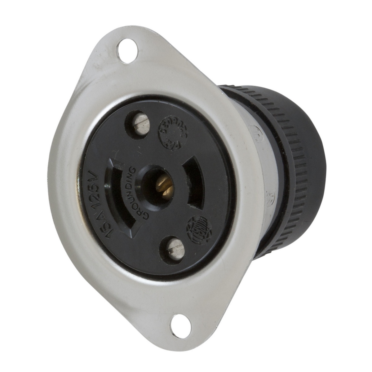 Hubbell Wiring Device-Kellems HBL7598 Locking Flanged Receptacle, 125 V AC, 15 A, 2 Poles, 3 Wires, Black