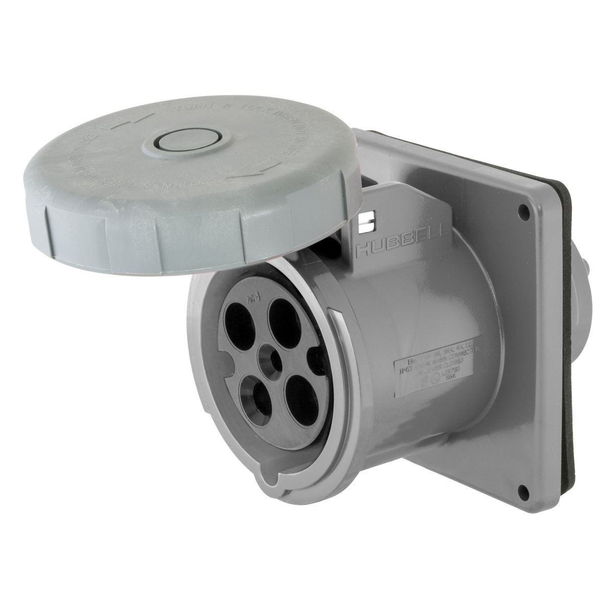 Hubbell Wiring Device-Kellems M4100R12 1-Phase Corrosion Weather Resistant Female Single Watertight Screw Mount Pin and Sleeve Receptacle, 125/250 V AC, 100 A, 3 Poles, 4 Wires, Gray