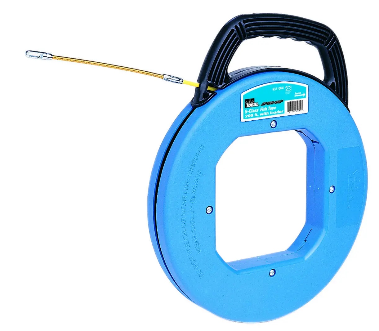 IDEAL® S-Class® Tuff-Grip™ Pro 31-064 Fish Tape With Leader, Case and Handle, 3/16 in Dia Tape, 200 ft L Tape, Round Profile, Fiberglass Tape