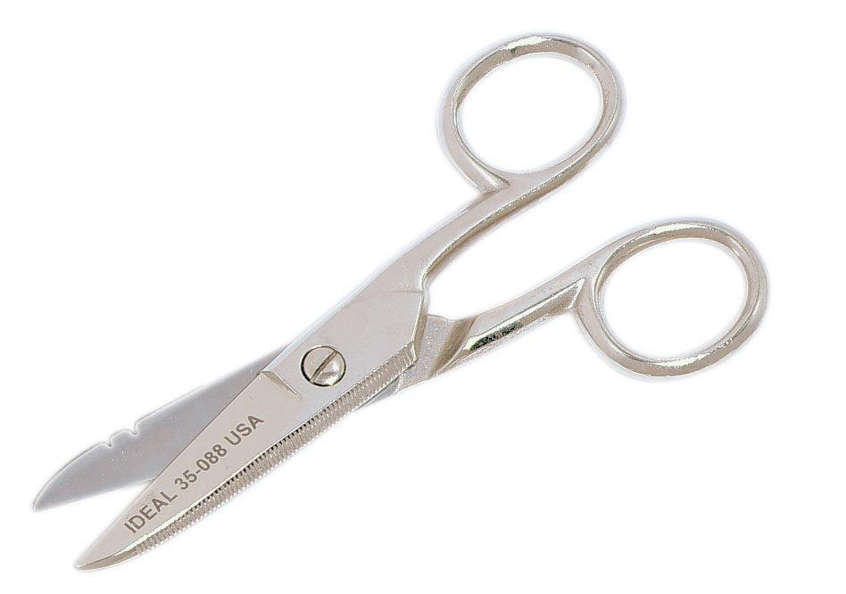 IDEAL® 35-088 Electrician's Scissor With Stripping Notch, 1 in L of Cut, 5-1/4 in OAL, Blunt Tip, Serrated Edge, Carbon Steel Blade, Right Hand