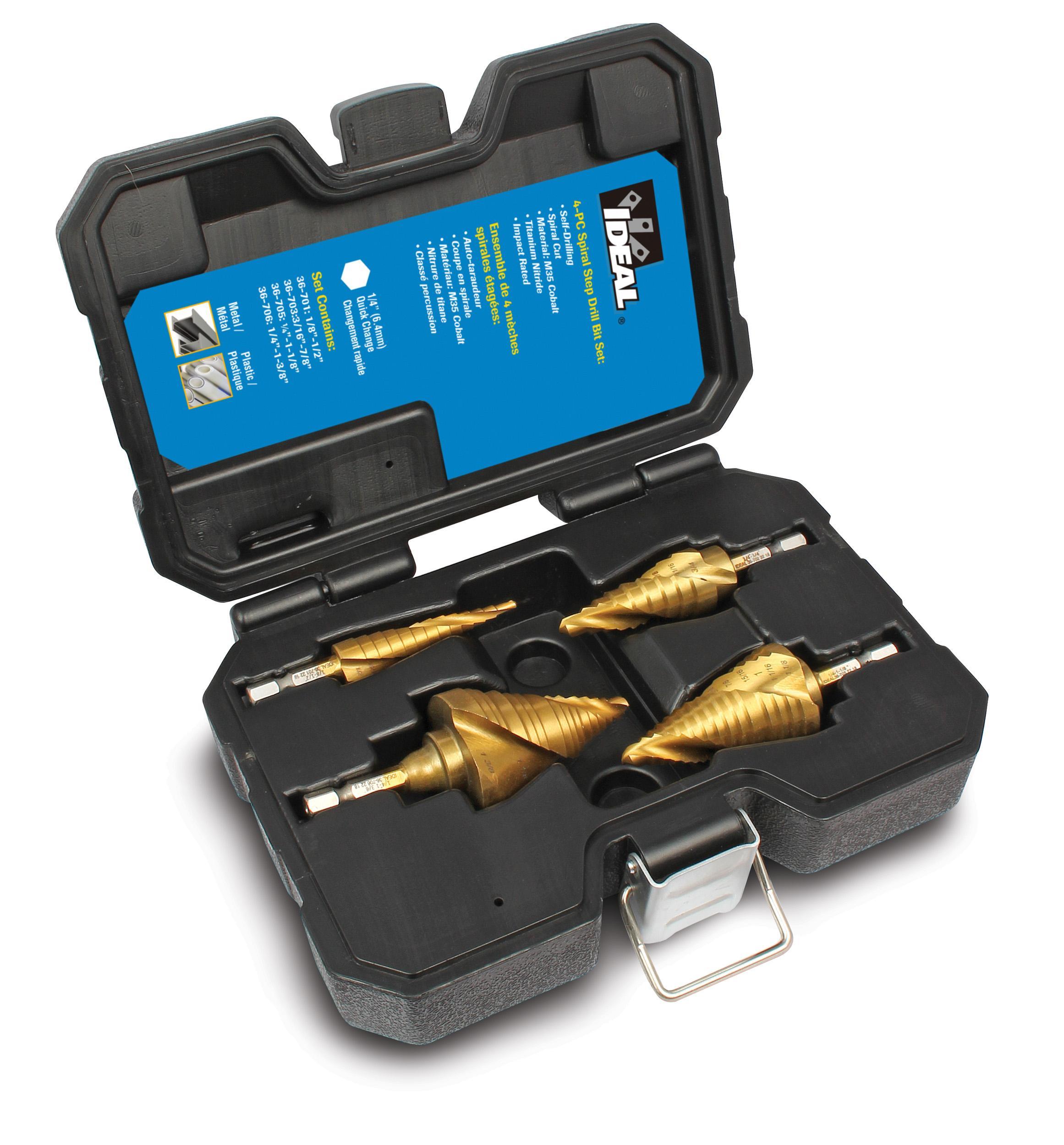 IDEAL® 36-700 Spiral Step Drill Bit Kit, 1/8 in, 3/16 in, 1/4 in Min Drill Bit, 1/2 in, 7/8 in, 1-1/8 in, 1-3/8 in Max Drill Bit, 4 Pieces, M35 HSS/Cobalt, TiN
