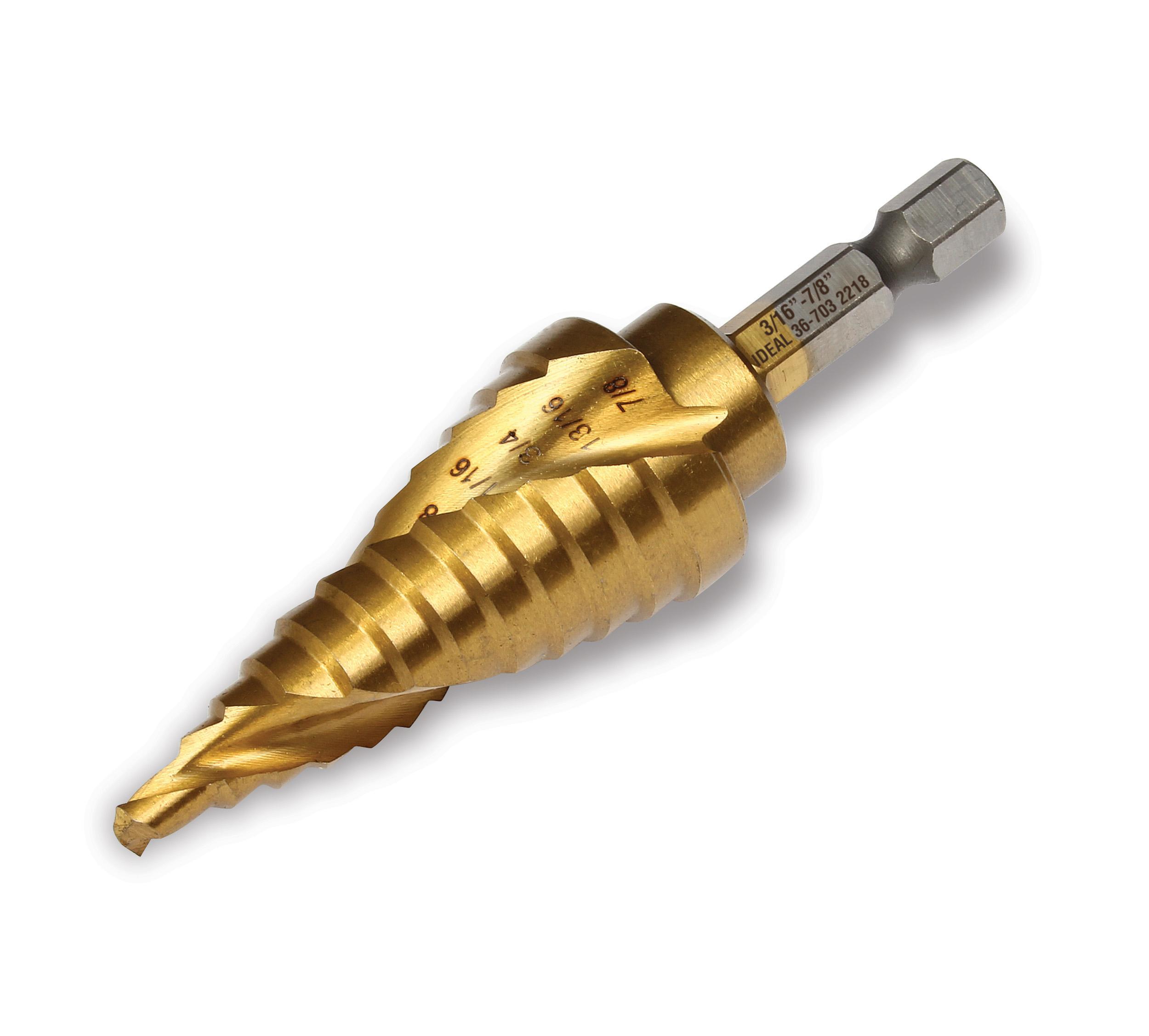 IDEAL® 36-703 Step Drill Bit, 3/16 in Dia Min Hole, 7/8 in Dia Max Hole, 12 Steps, M35 HSS/Cobalt, 1/4 in Shank