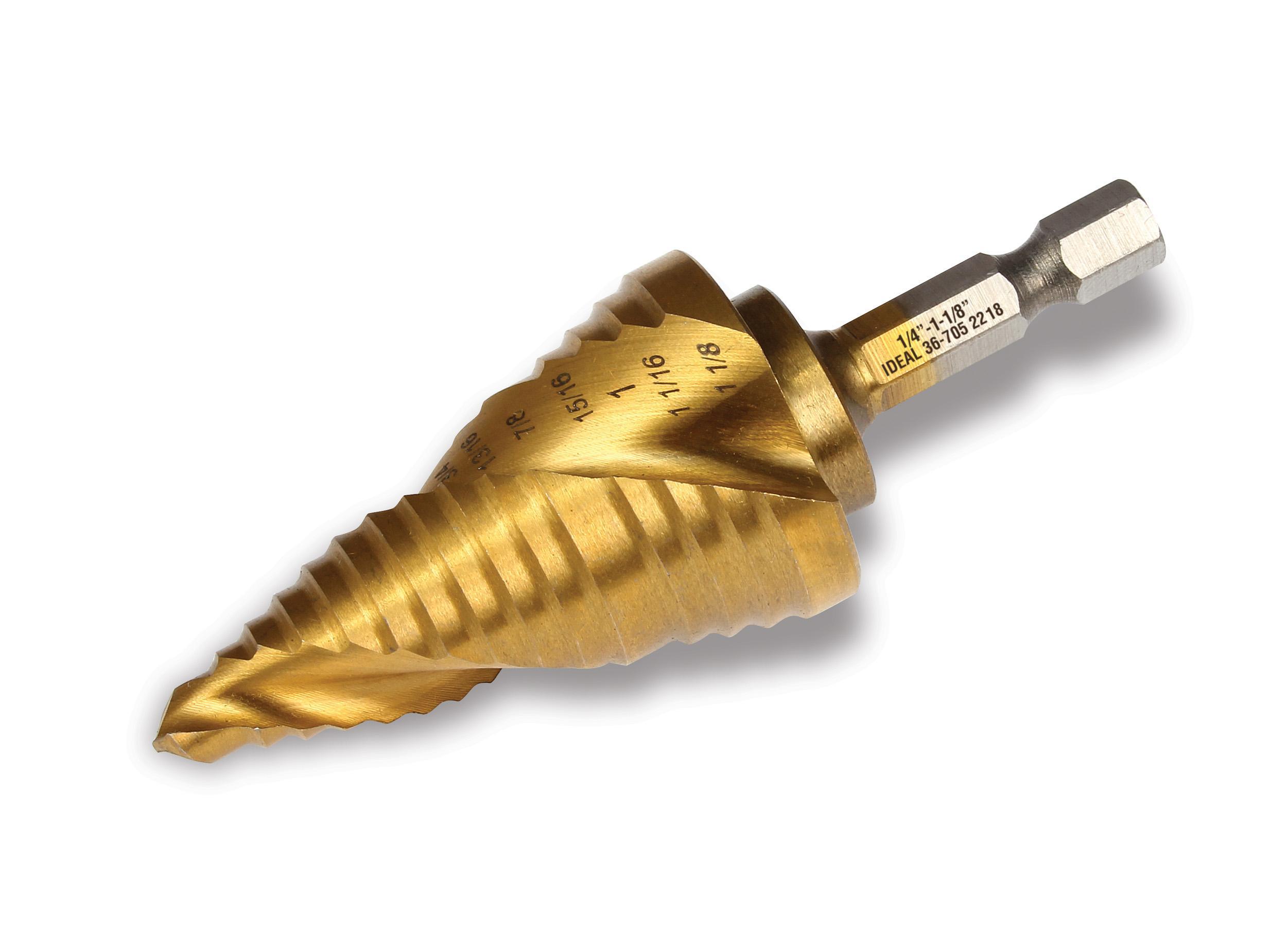 IDEAL® 36-705 Step Drill Bit, 1/4 in Dia Min Hole, 1-1/8 in Dia Max Hole, 15 Steps, M35 HSS/Cobalt, 1/4 in Shank