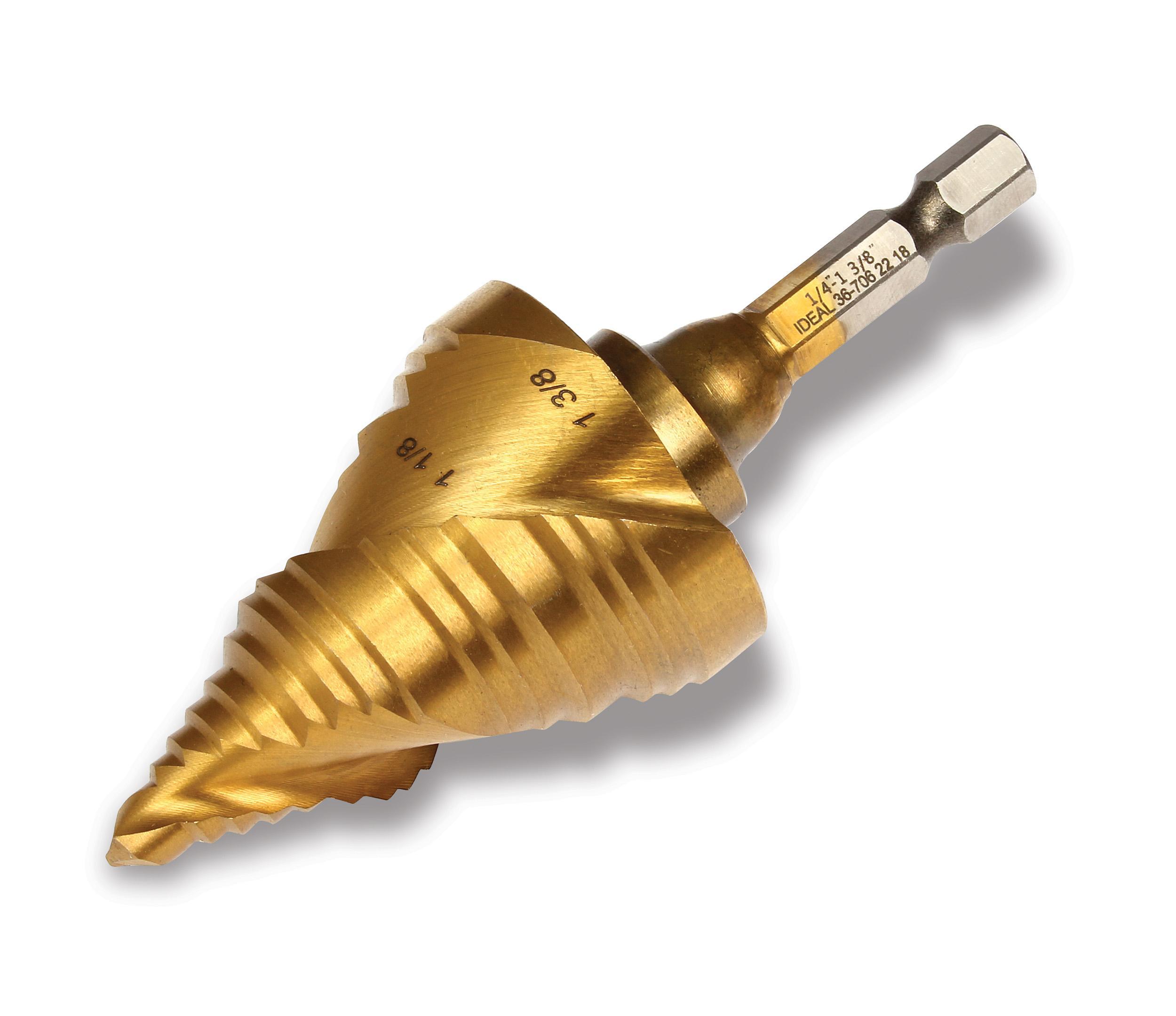 IDEAL® 36-706 Step Drill Bit, 1/4 in Dia Min Hole, 1-3/8 in Dia Max Hole, 15 Steps, M35 HSS/Cobalt, 1/4 in Shank