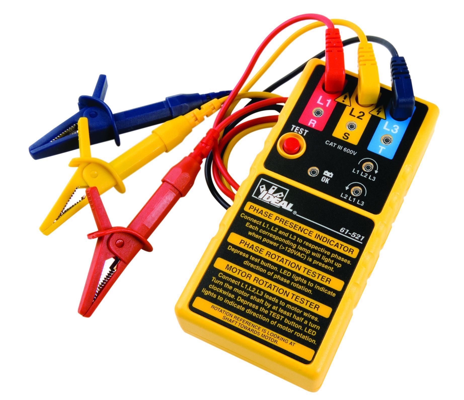 IDEAL® 61-521 3-Phase Motor Rotation Tester, 100 to 600 V AC, 10 to 400 Hz, Neon Lamp LED Display