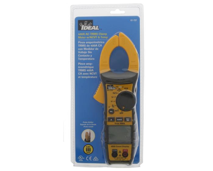 IDEAL® TightSight® 61-737 Digital Clamp Meter With Backlit, 600 V AC, 400 A, 40 MOhm, 10 to 9999 Hz, 1.4 in Jaw, Backlit LED Display