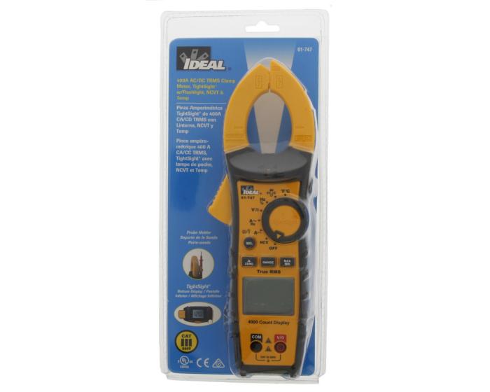 IDEAL® TightSight® 61-747 Digital Clamp Meter With Backlit, Flashlight, 600 V AC, 400 A, 40 MOhm, 10 to 9999 Hz, 1.4 in Jaw, Backlit LED Display