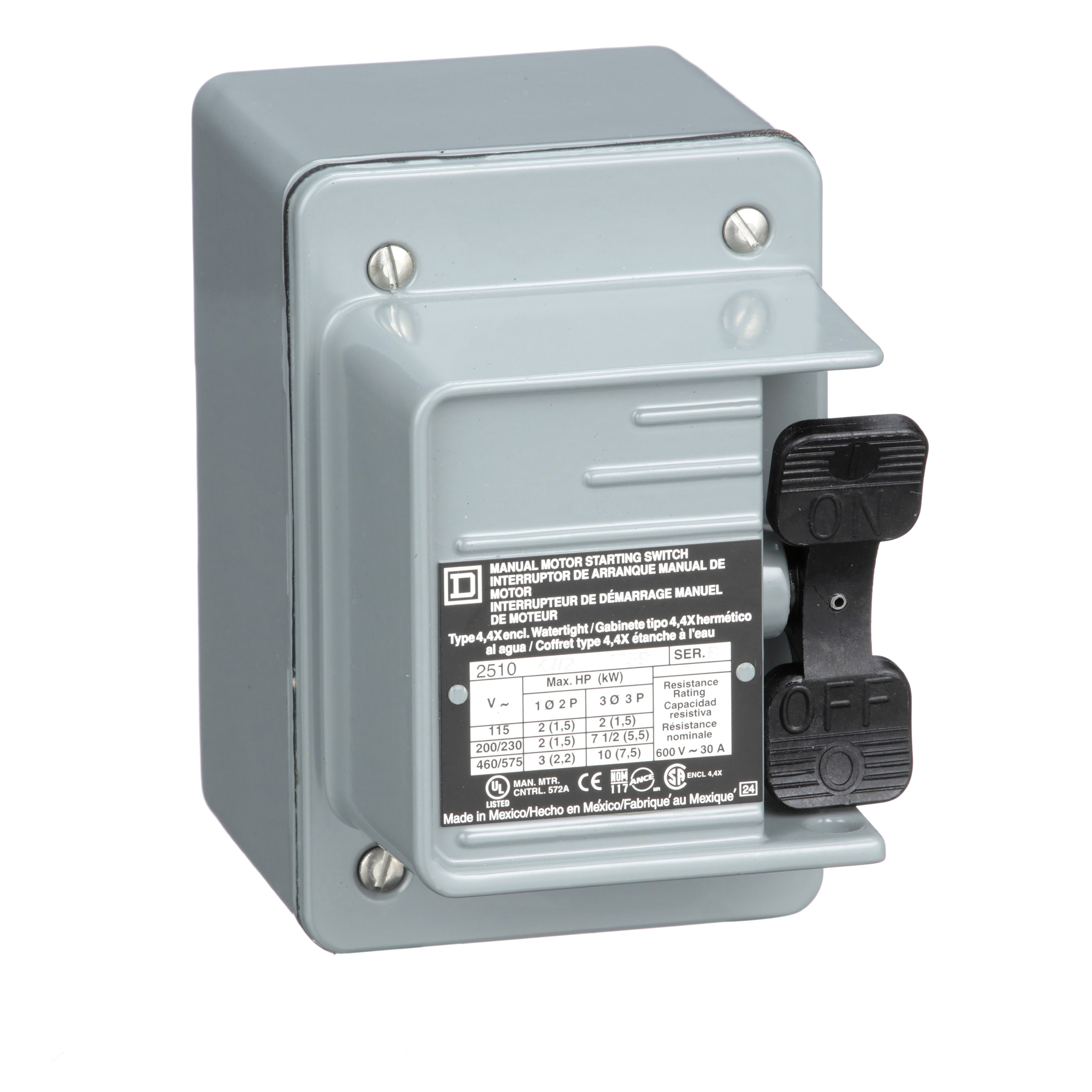 Square D™ 2510KW2 Type K 3-Phase 1-Unit Standard Manual Switch, 600 V AC/230 V DC, 30 A, 1 hp at 90 VDC/1-1/2 hp at 230 VDC/2 hp at 115 VAC/115 VDC/7-1/2 hp at 230 VAC/230 VDC/600 VAC/10 hp at 575 VAC/460 VAC Power Rating