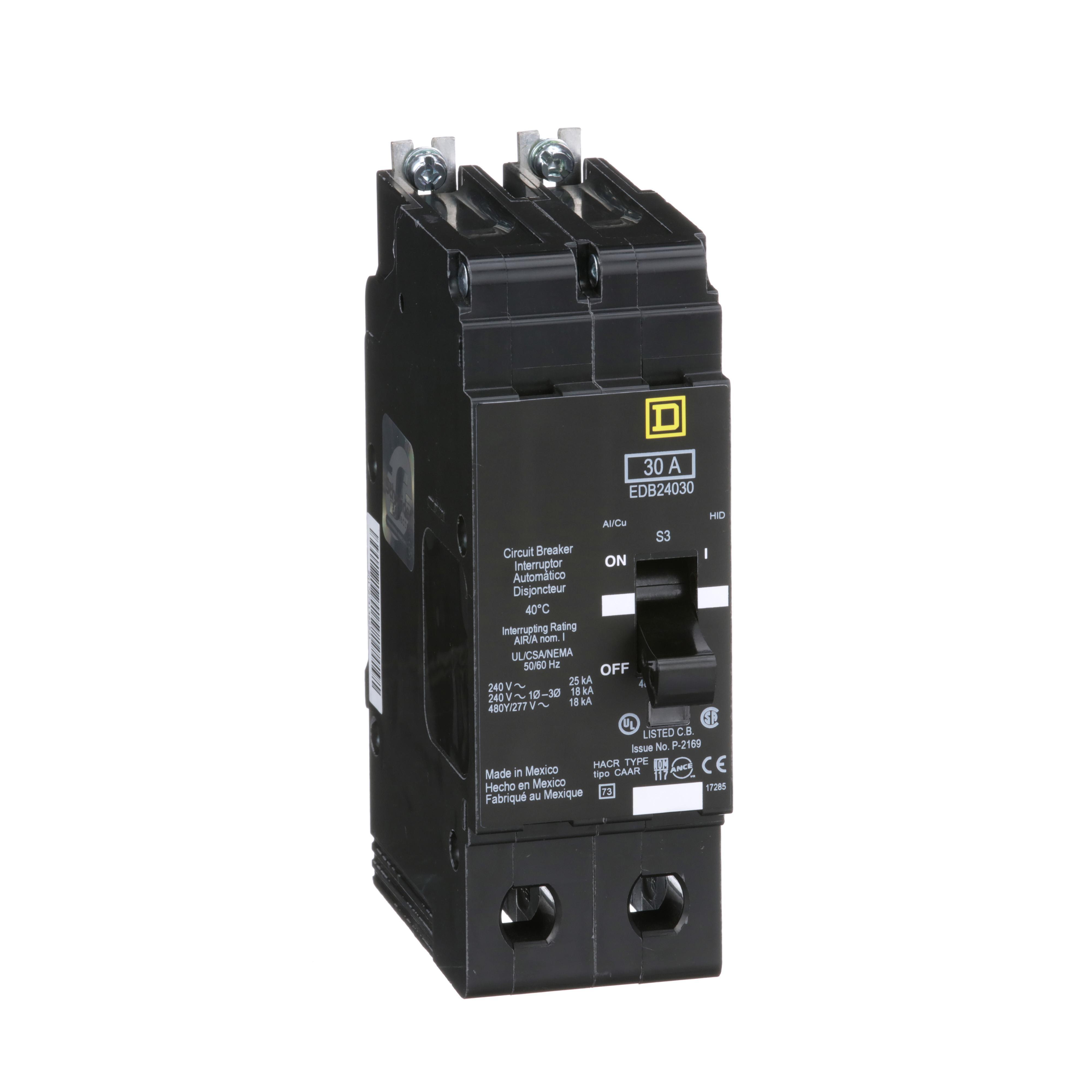 Square D™ EDB24030 Type EDB Molded Case Standard E-FRAME Miniature Circuit Breaker, 277/480Y V AC, 30 A, 18 kA Interrupt, 2 Poles, Thermal Magnetic Trip
