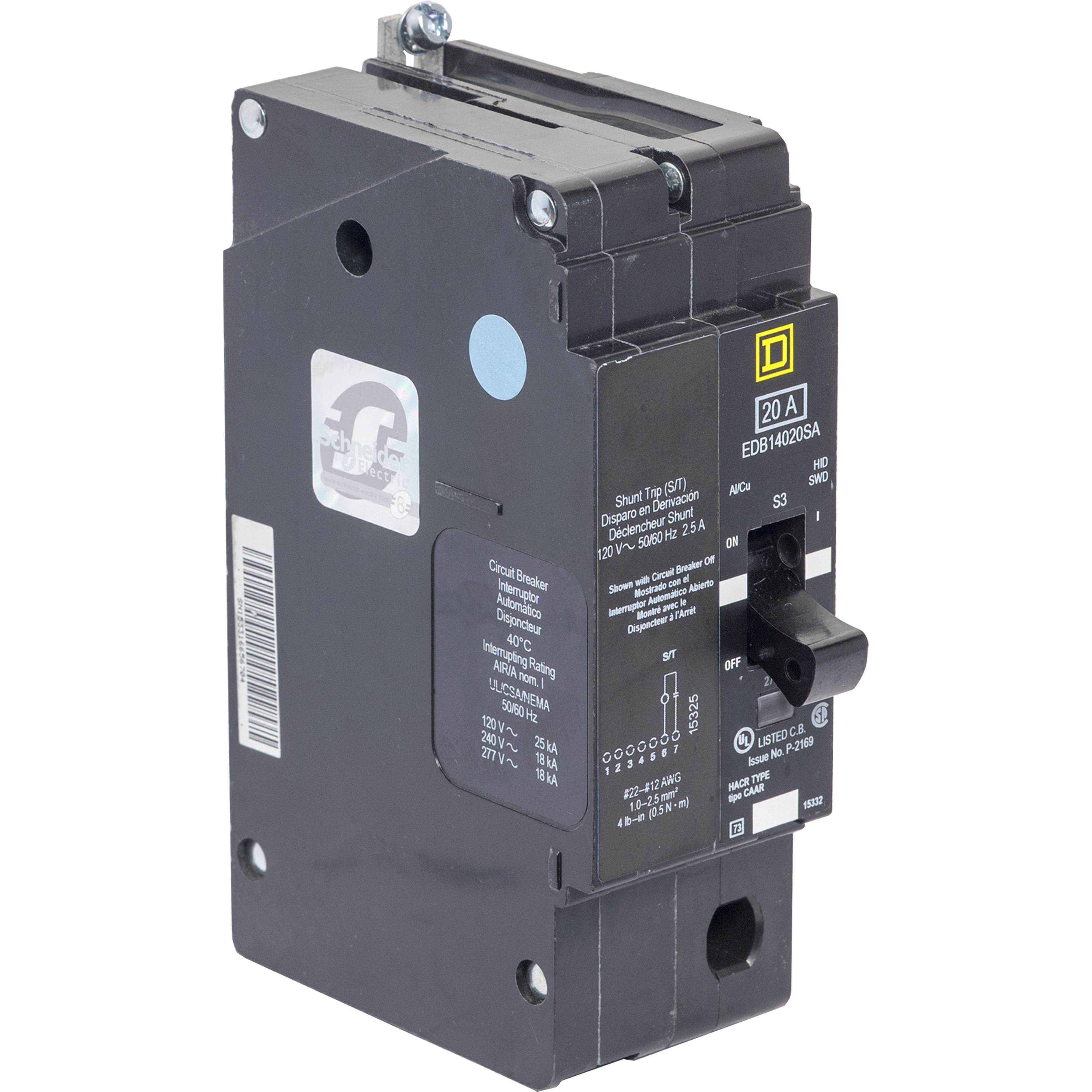 Square D™ EDB14020SA Type EDB Circuit Breaker, 277 V AC, 20 A, 25 kA at 240 V AC/18 kA at 480Y/277 V AC Interrupt, 1 Poles, Thermal Magnetic Trip