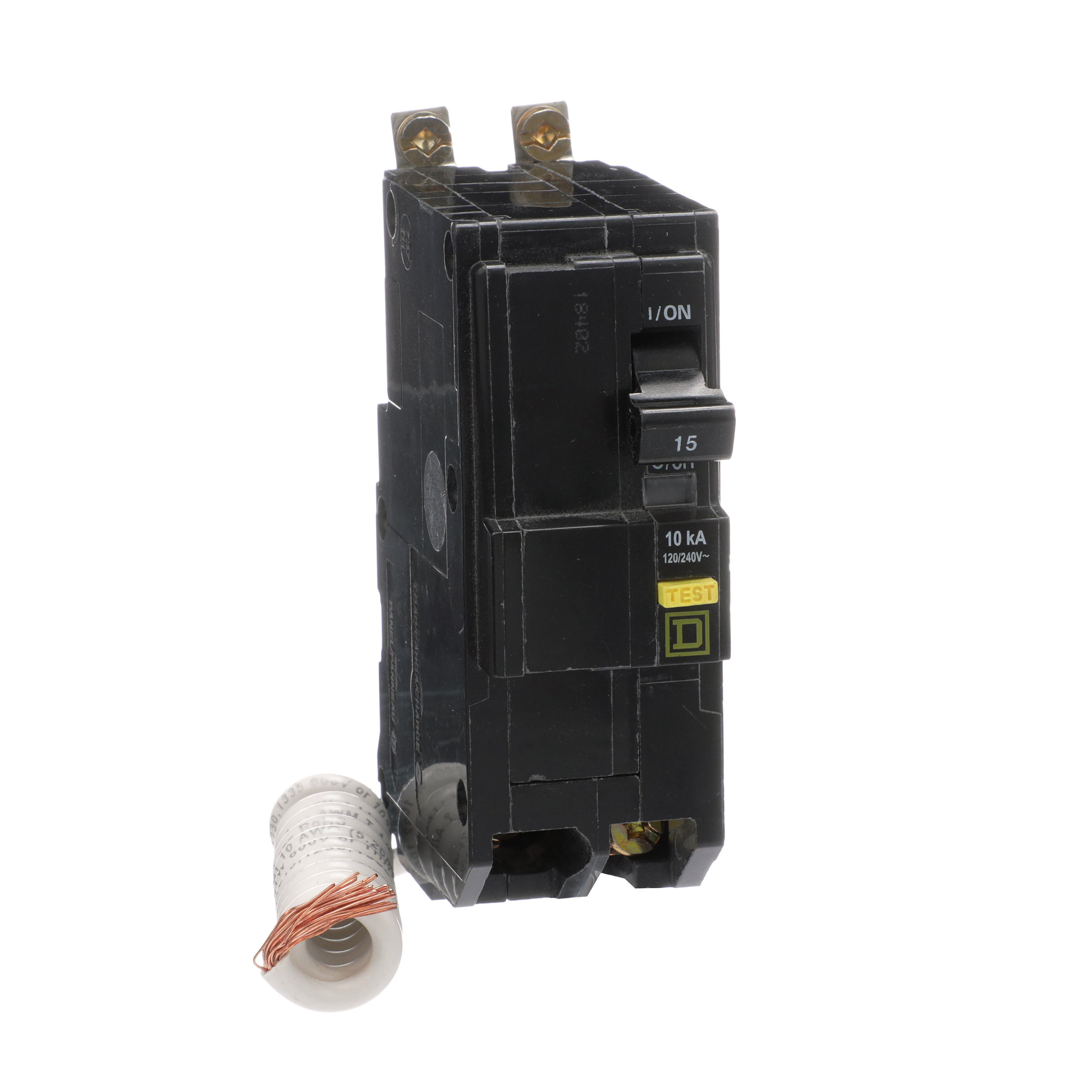 Square D™ QO™ Qwik-Gard® QOB215GFI Type QOB-GFI Class A Ground Fault Miniature Circuit Breaker, 120/240 V AC, 15 A, 10 kA Interrupt, 2 Poles, Thermal Magnetic Trip