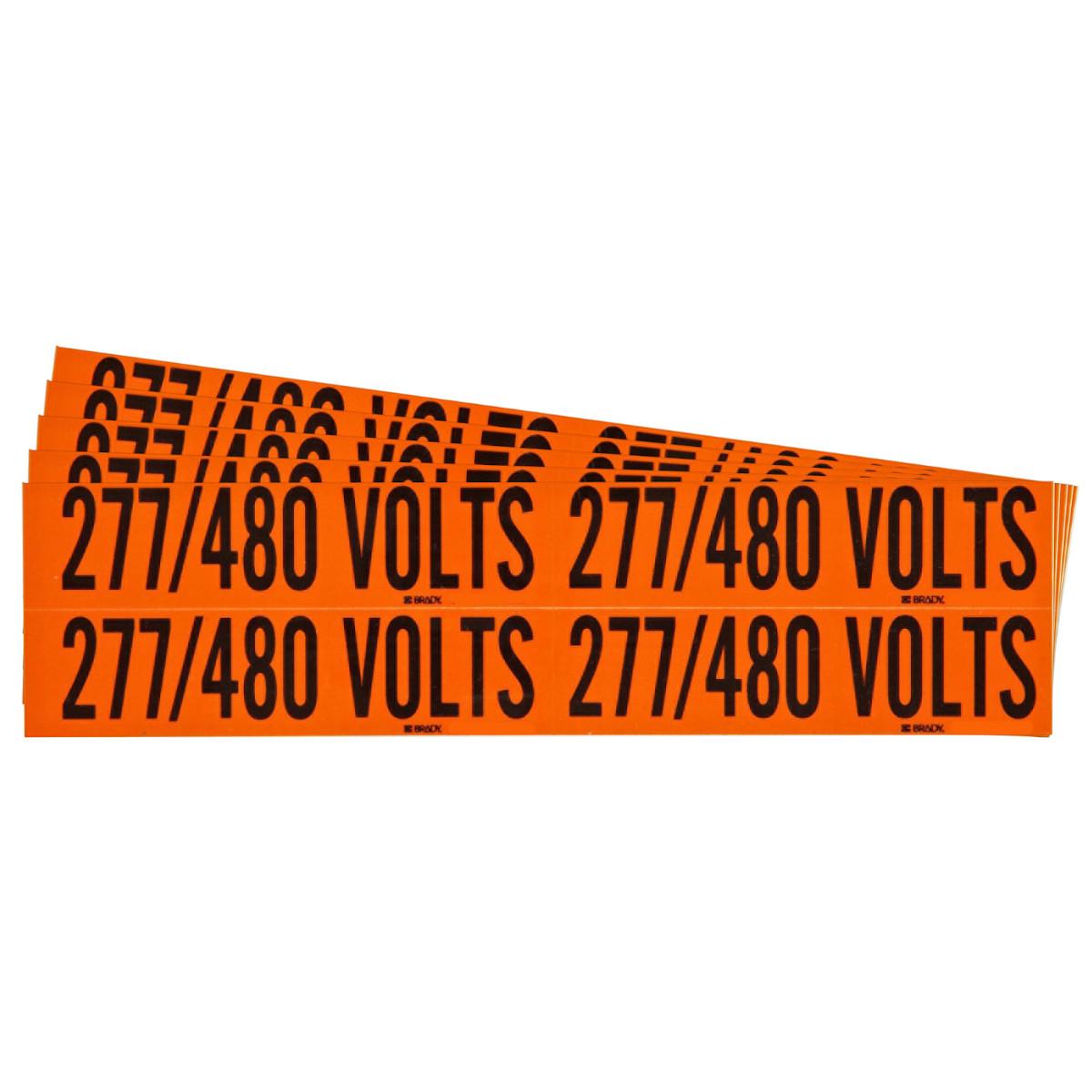 Brady® CleanLift 152358 Repositionable Rectangle Self-Adhesive Style B Conduit and Voltage Label, 4-1/8 in W, 277/480 VOLTS Legend, Black Legend, Orange Background, B-498 Vinyl Cloth
