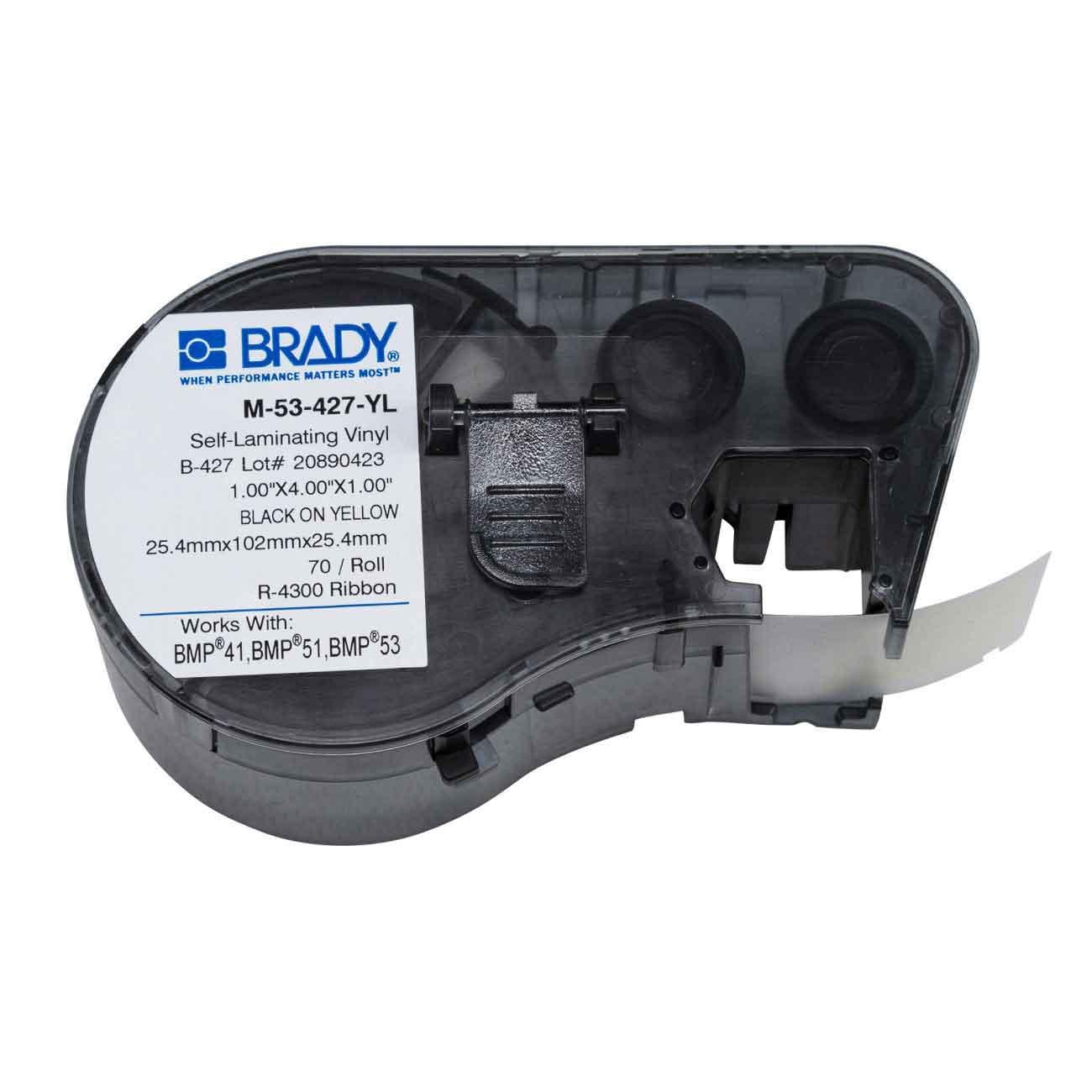 Brady® M-53-427-YL M Series Square Cartridge Label, 1 in L x 1 in W, For Use With BMP® 41, BMP® 51 and BMP® 53 Label Makers, B-427 Vinyl, Black on Clear/Yellow