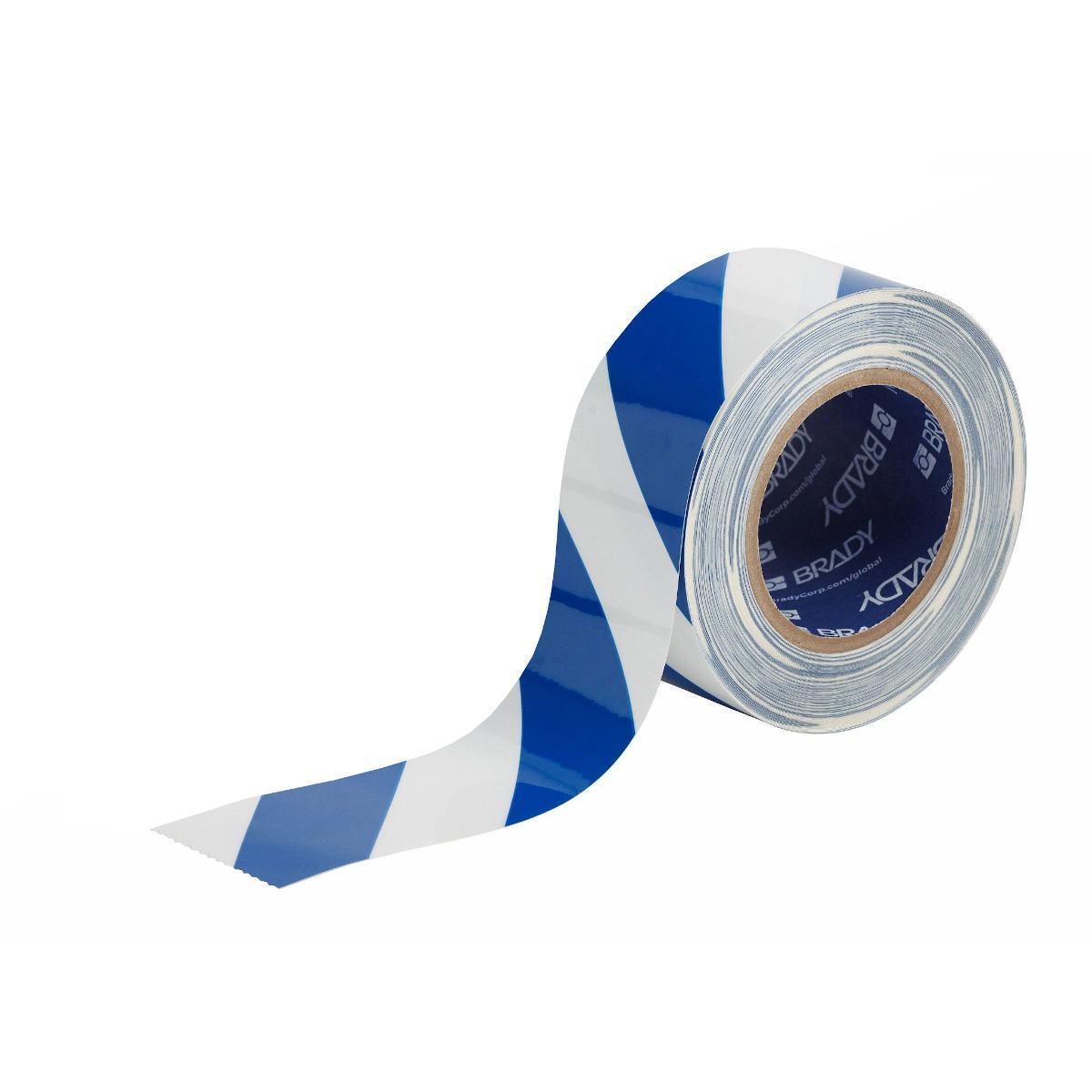 Brady® ToughStripe® 170003 Non-Reflective Striped Floor Marking Tape, 100 ft L x 2 in W, Blue/White, B-514 Polyester