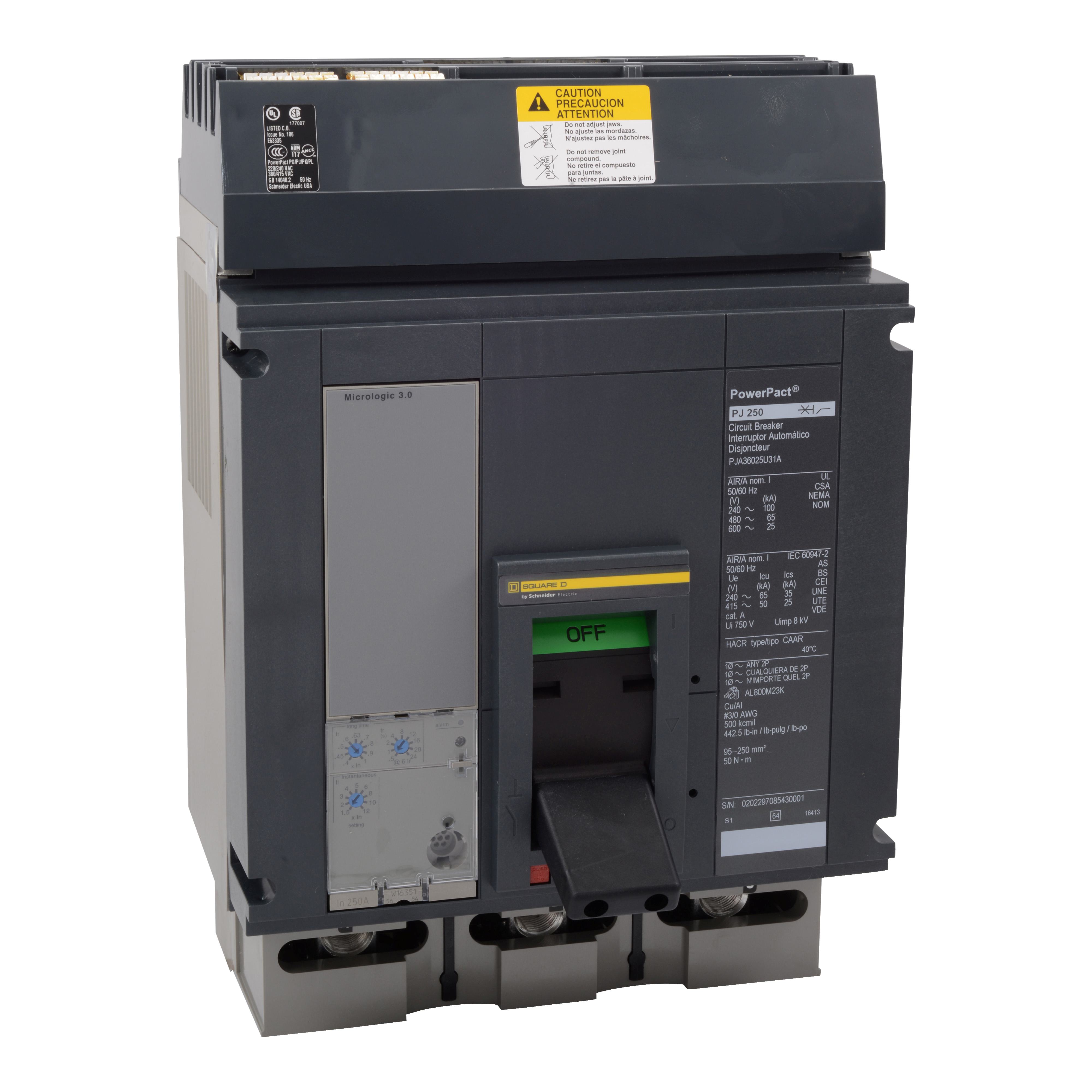 Square D™ I-Line™ PowerPact™ PJA36080U31A Type PJA P Molded Case Circuit Breaker, 600 V AC, 800 A, 25/65/100 kA Interrupt, 3 Poles, Electronic Trip
