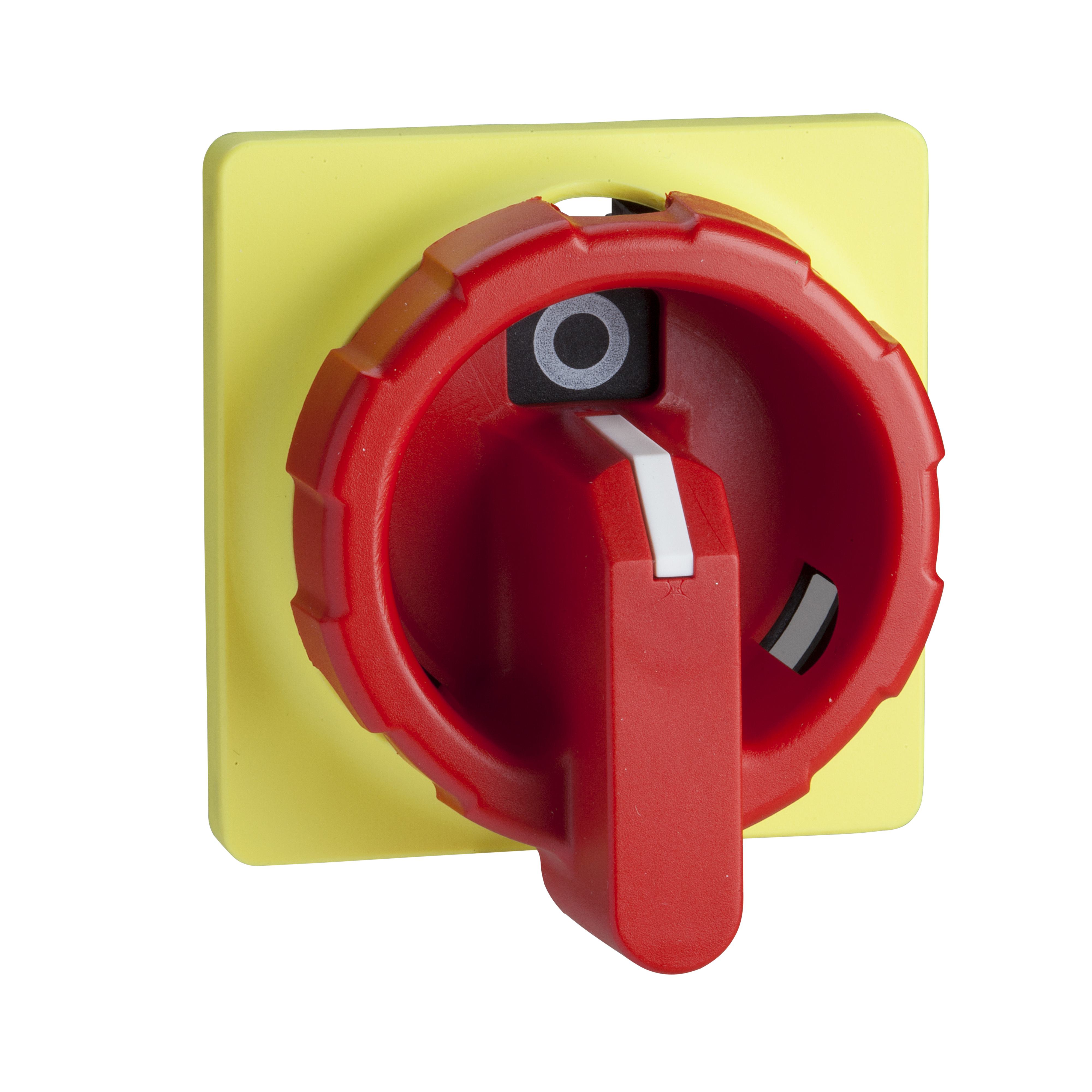Square D™ TeSys® KCF1YZ Pad lockable Rotary Disconnect Switch Operating Handle With (3) Padlock, Front Plate, 60 mm W x 60 mm H, Red/Yellow