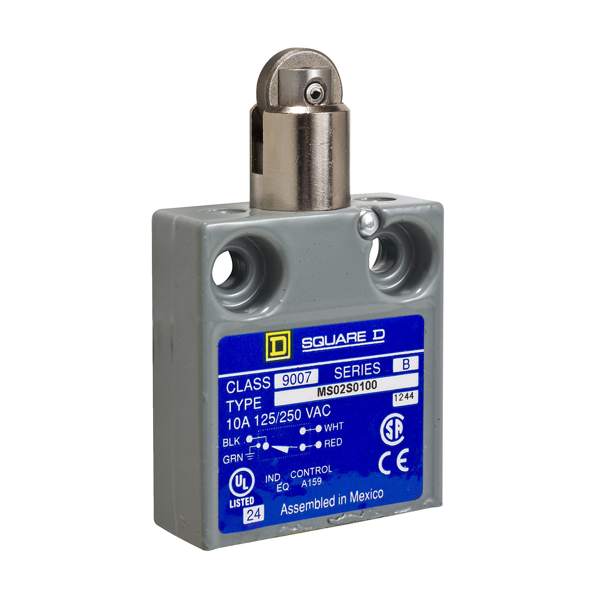 Square D™ 9007MS02S0100 9007MS/ML Miniature Potted Linear Plunger Actuated Limit Switch, 240 V AC/28 V DC, 10 A, Parallel Roller Plunger Spring Return Actuator, 1CO SPDT Contact, 1 Pole