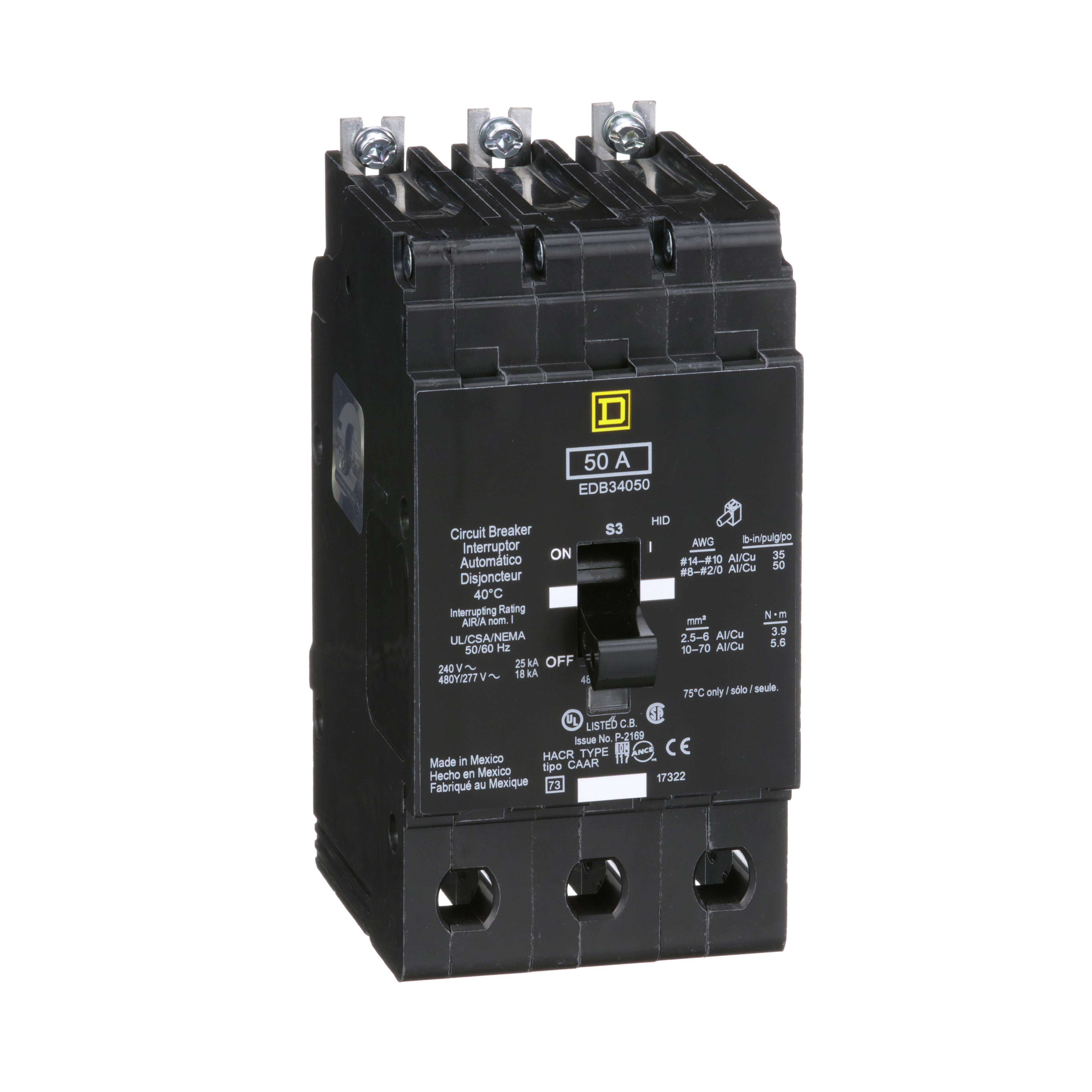 Square D™ EDB34050 Type EDB Molded Case Standard E-FRAME Miniature Circuit Breaker, 277/480Y V AC, 50 A, 18 kA Interrupt, 3 Poles, Thermal Magnetic Trip