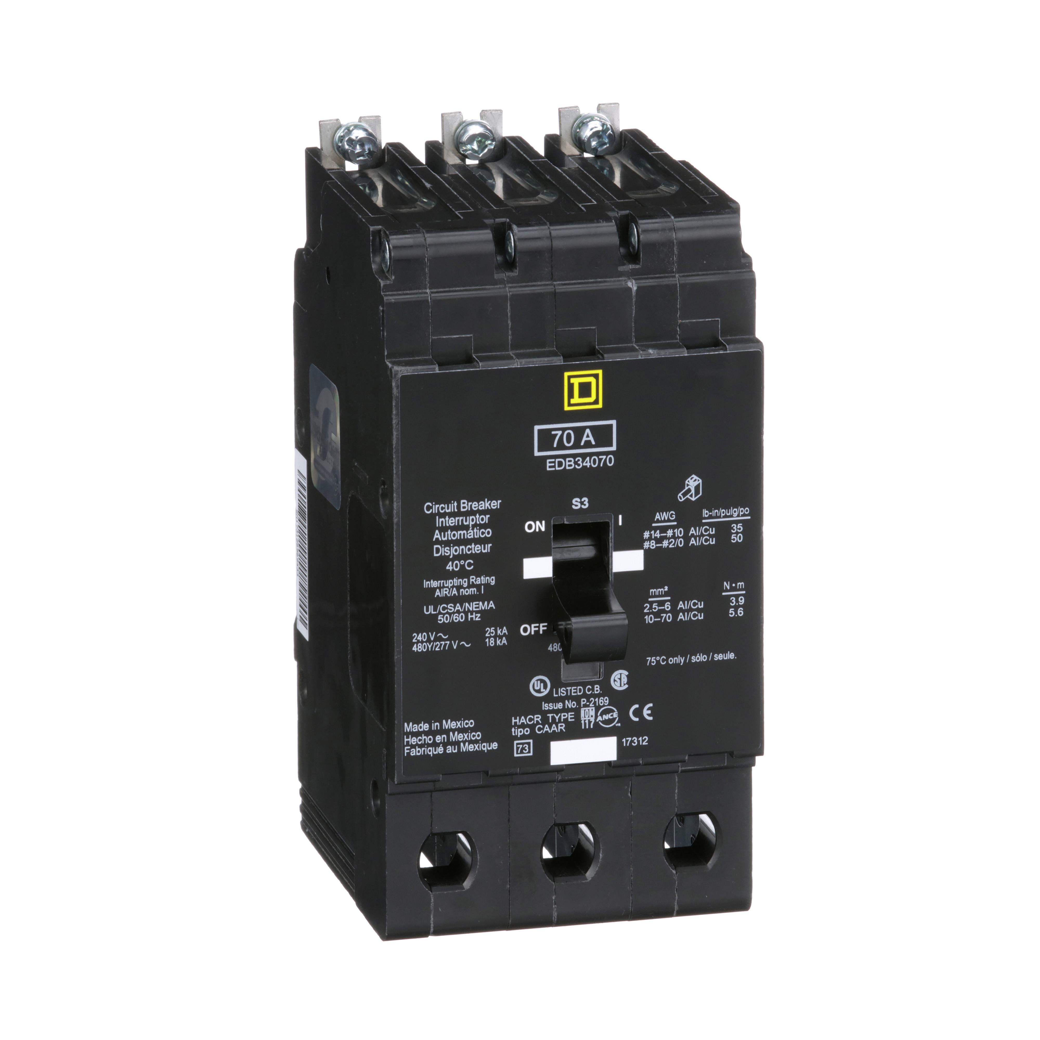 Square D™ EDB34070 Type EDB Molded Case Standard E-FRAME Miniature Circuit Breaker, 277/480Y V AC, 70 A, 18 kA Interrupt, 3 Poles, Thermal Magnetic Trip