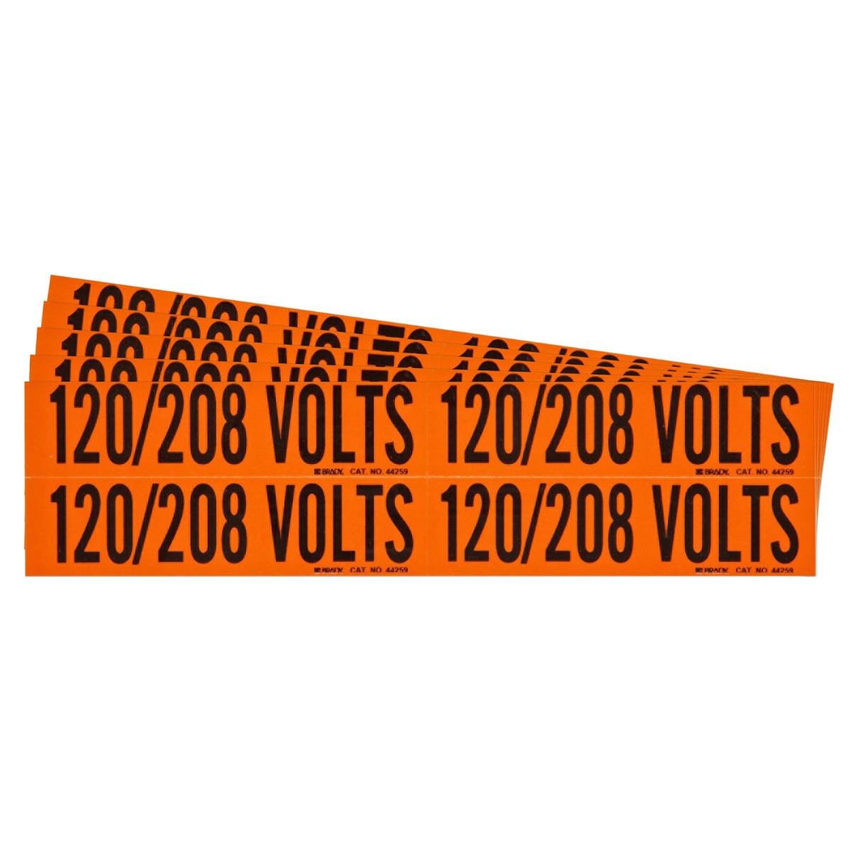 Brady® CleanLift 152350 Repositionable Rectangle Self-Adhesive Style B Conduit and Voltage Label, 4-1/8 in W, 120/208 VOLTS Legend, Black Legend, Orange Background, B-498 Vinyl Cloth