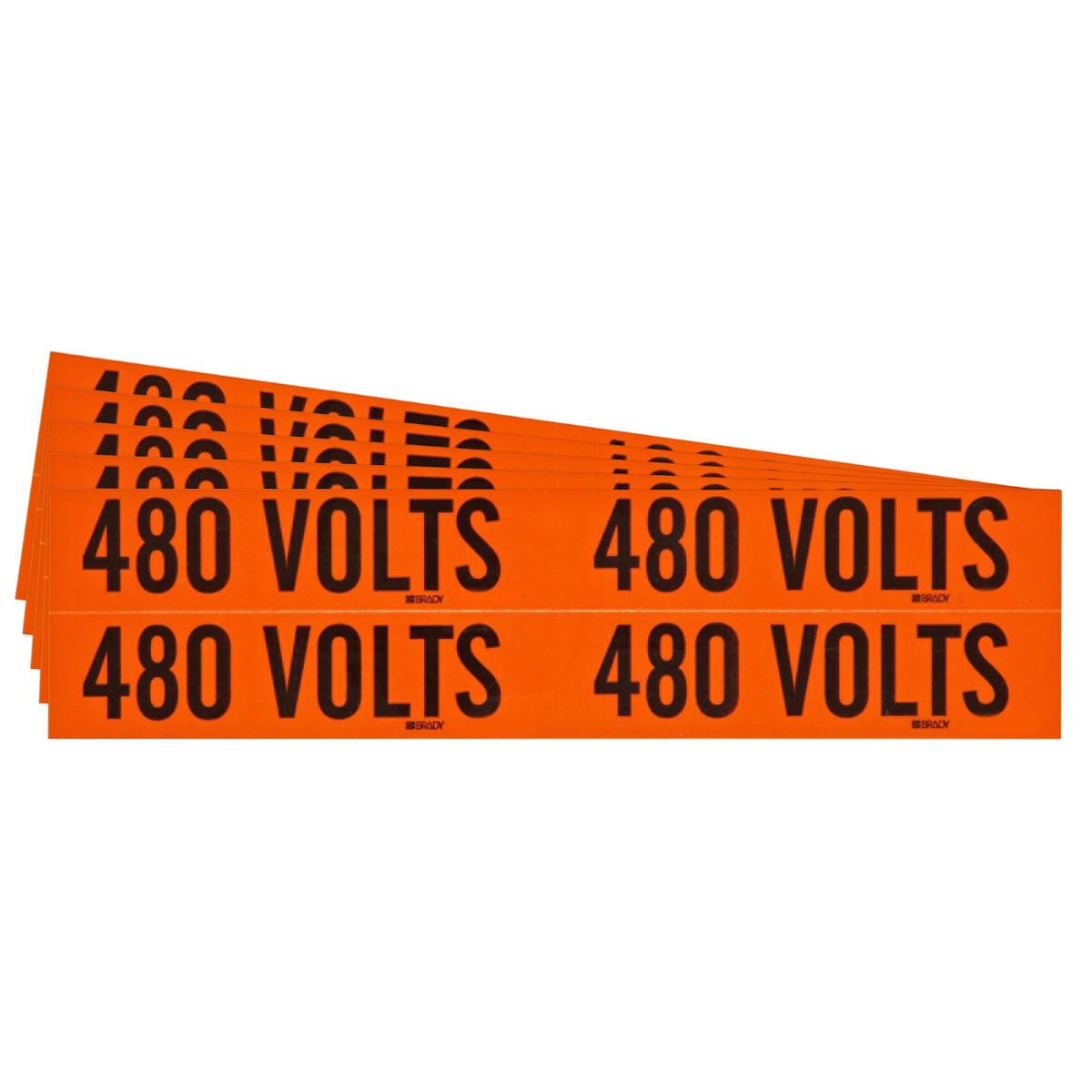 Brady® CleanLift 152371 Repositionable Rectangle Self-Adhesive Style B Conduit and Voltage Label, 4-1/8 in W, 480 VOLTS Legend, Black Legend, Orange Background, B-498 Vinyl Cloth
