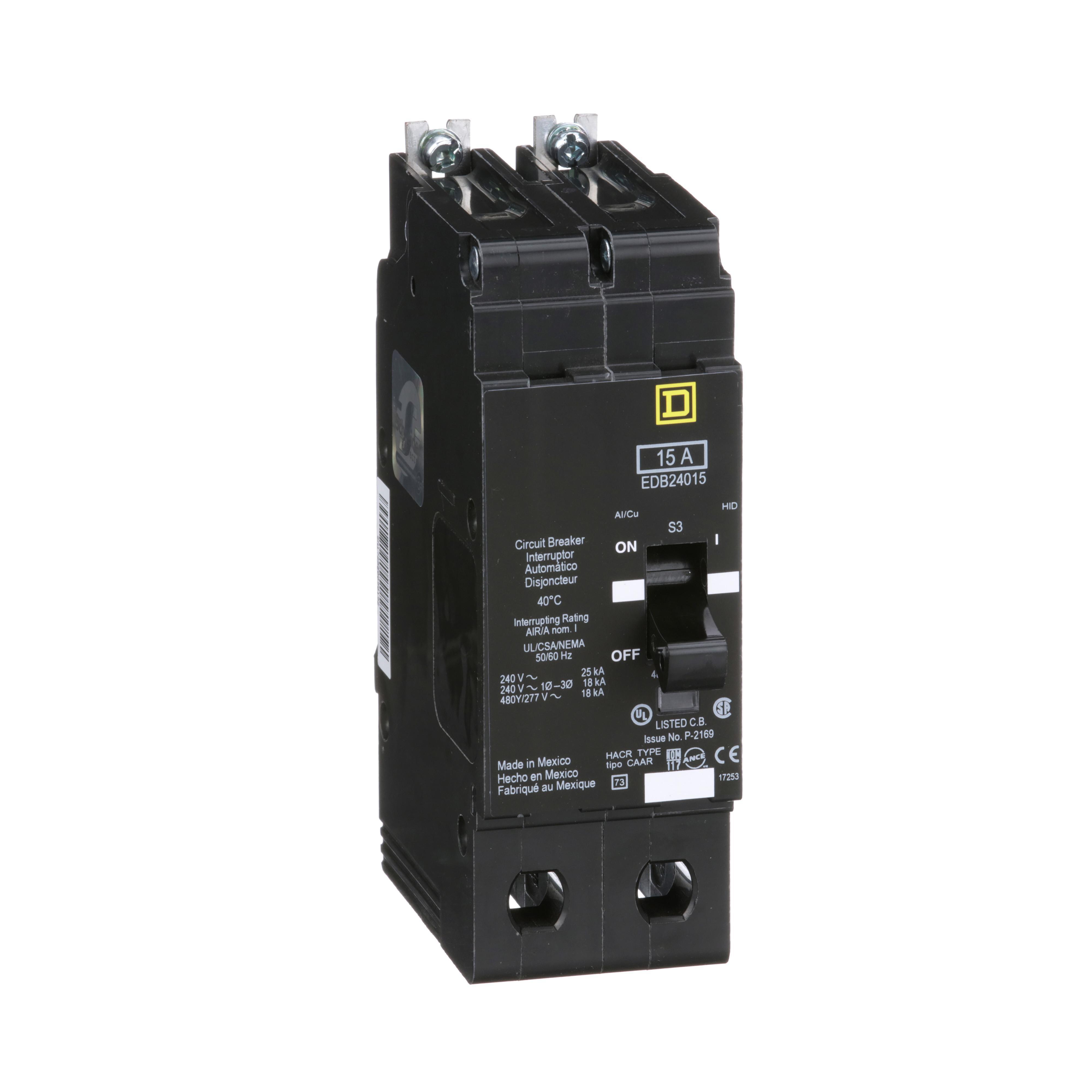 Square D™ E-FRAME EDB24015 Type EDB Molded Case Standard Miniature Circuit Breaker, 277/480Y V AC, 15 A, 18 kA Interrupt, 2 Poles, Thermal Magnetic Trip