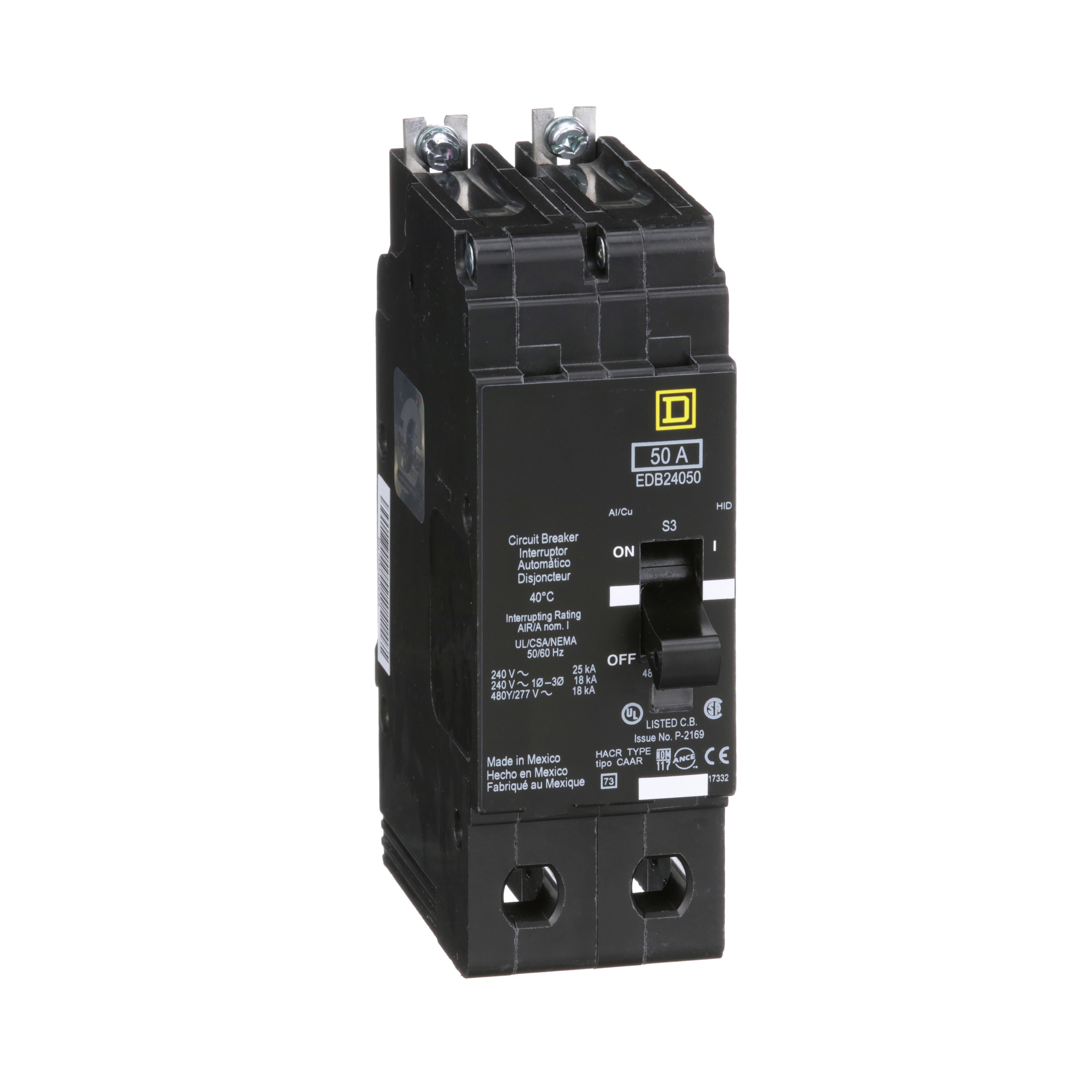 Square D™ EDB24050 Type EDB Molded Case Standard E-FRAME Miniature Circuit Breaker, 277/480Y V AC, 50 A, 18 kA Interrupt, 2 Poles, Thermal Magnetic Trip