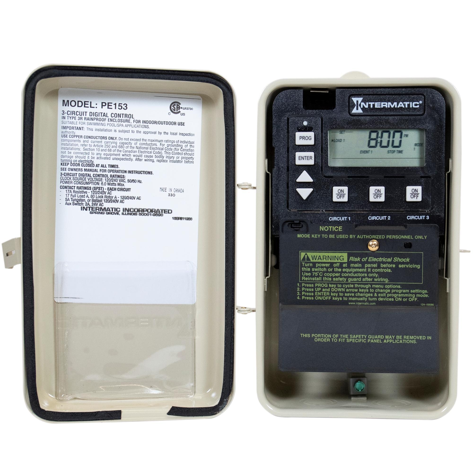 Intermatic® PE153 P153 3-Circuit Digital Electronic Timer Switch, 24 hr Setting, 120/240 V AC, 1CO 1 Form C SPDT Contact, 1 Poles