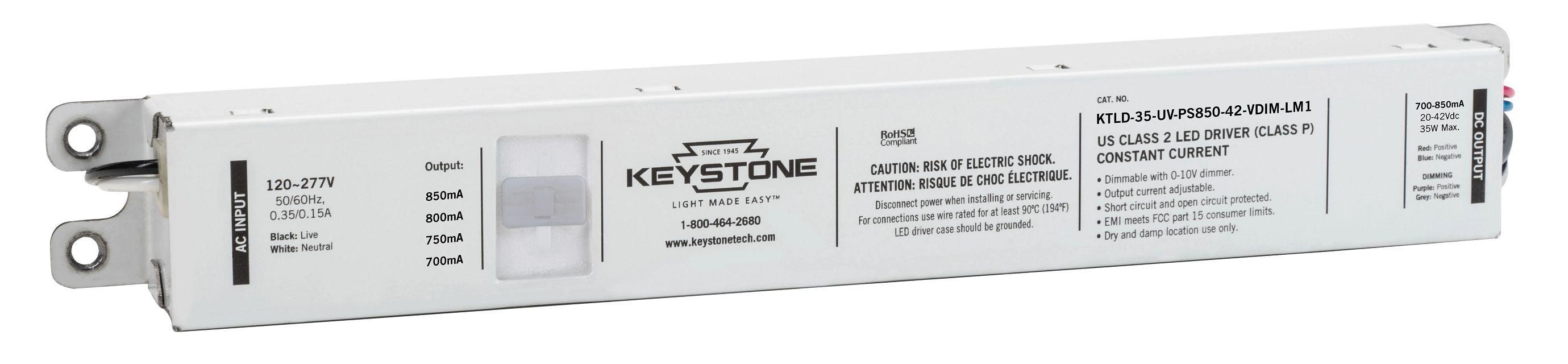Keystone Technologies KTLD-35-UV-PS850-42-VDIM-LM1 KTLD Constant Current LED Driver, 120 to 277 V AC Input, 12 W Power Rating