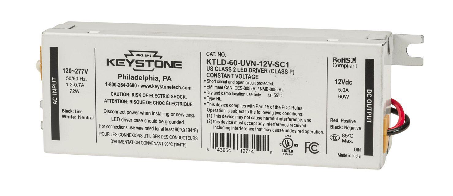 Keystone Technologies KTLD-60-UVN-12V-SC1 KTLD Constant Current LED Driver, 120 to 277 V AC Input, 12 V Output, 40 W Power Rating