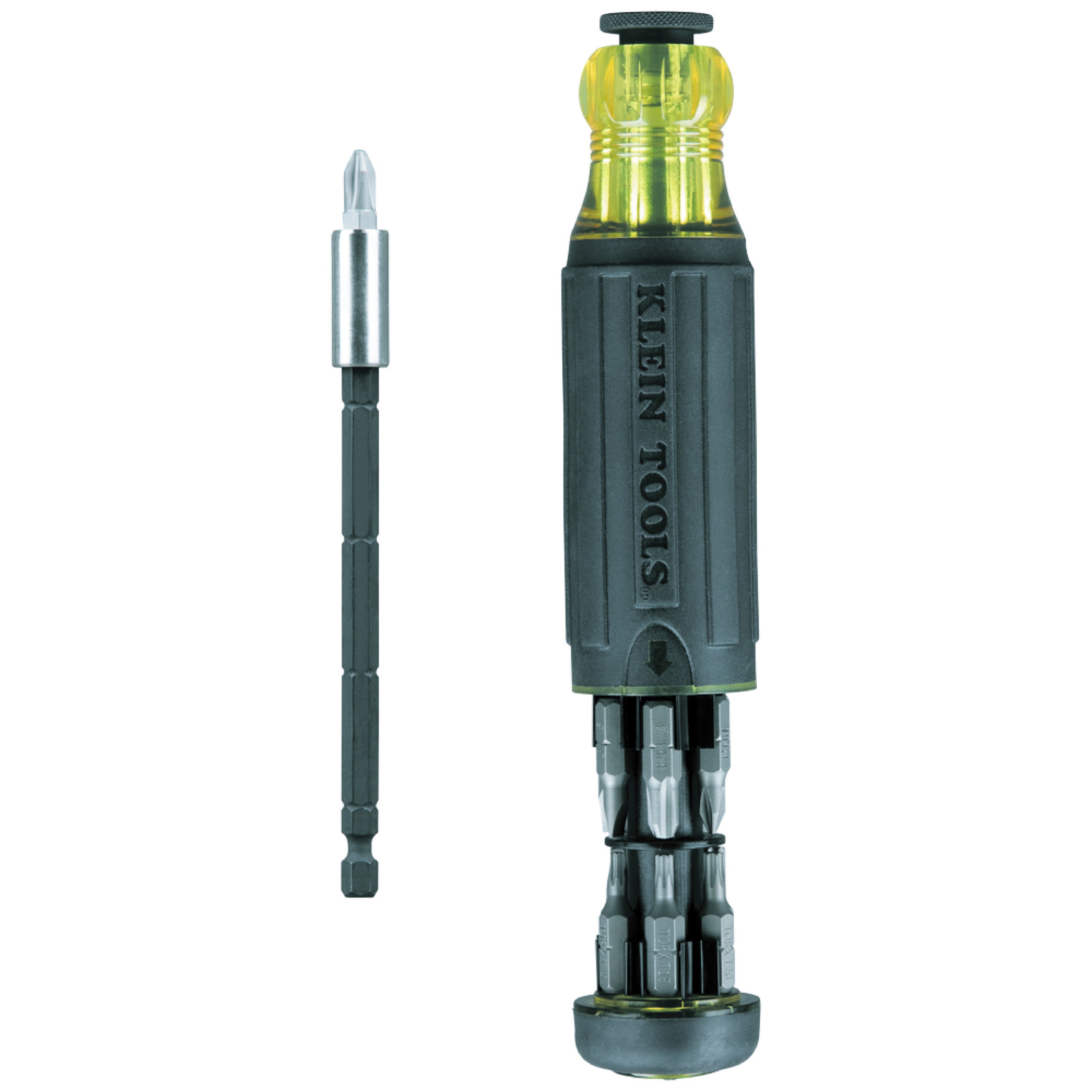 Klein® 32303 14-in-1 Adjustable Length Multi-Bit Screwdriver, 1 Pieces, #0 to #3, 3/16 to 1/4 in, T10 to T25 Range, Cushion Grip Handle, Stainless Steel