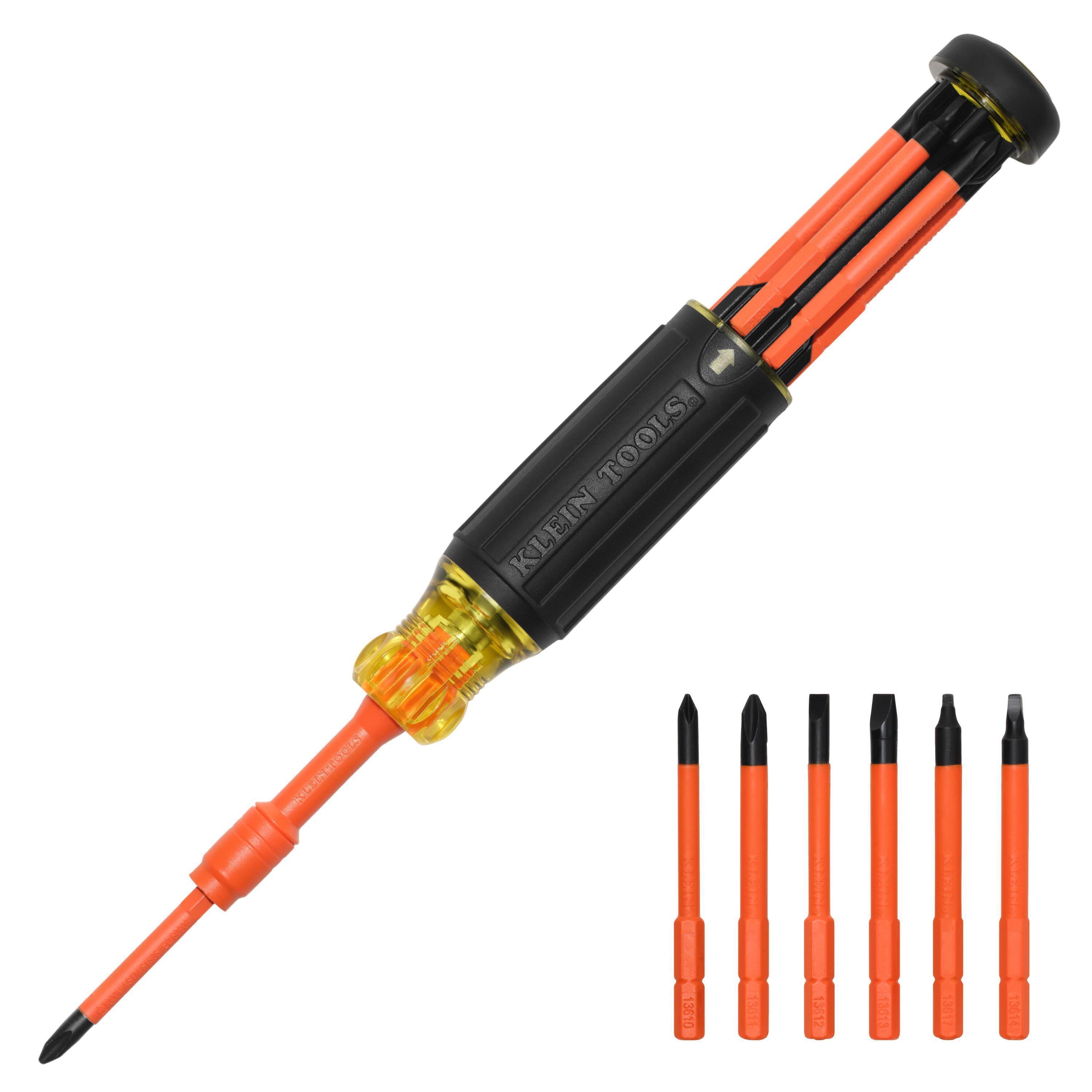Klein® 32306INS Auto-Lock Screwdriver, 9.5 in OAL, Matte Black Steel With Orange Insulating Plastic