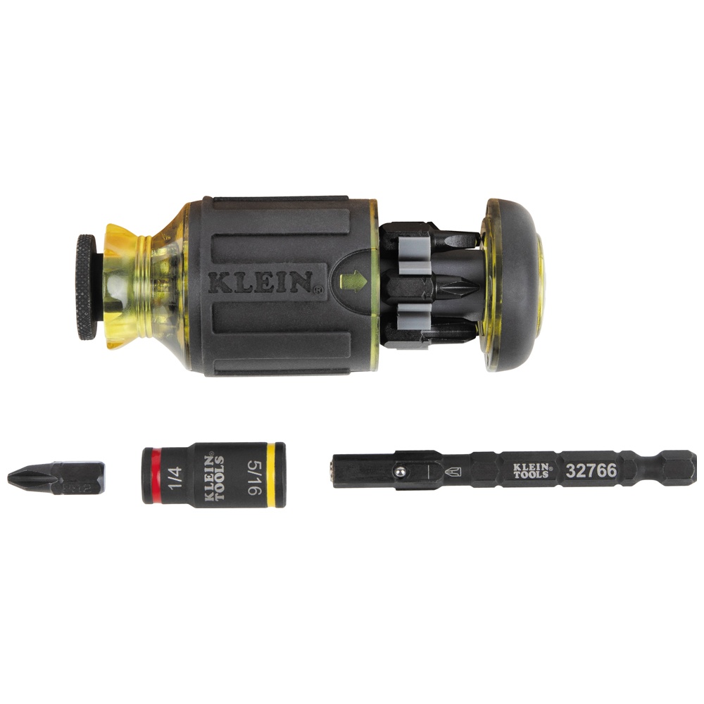 Klein® 32308F Magnetic Driver Set With Flip Socket, Phillips®/Slotted/Square Point, #1, #2, #3 Phillips, 1/4 in, 3/16 in Slotted, #1, #2 Square Point, 10 Pieces, 5 in OAL, Steel
