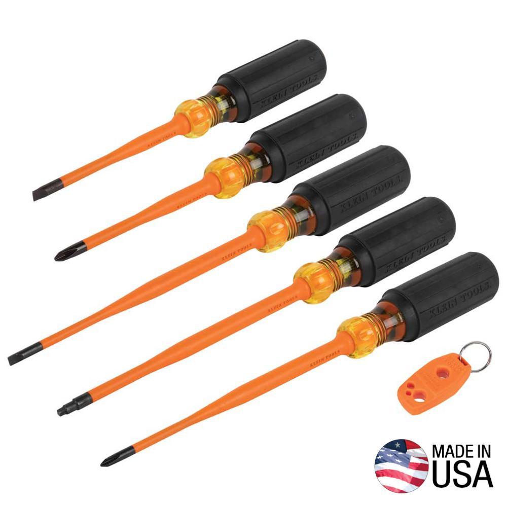 Klein® 33736INS Slim-Tip Insulated Screwdriver, 6 Pieces, ASTM F-1505-16/IEC 60900:2018, Steel/Plastic/Rubber Handle