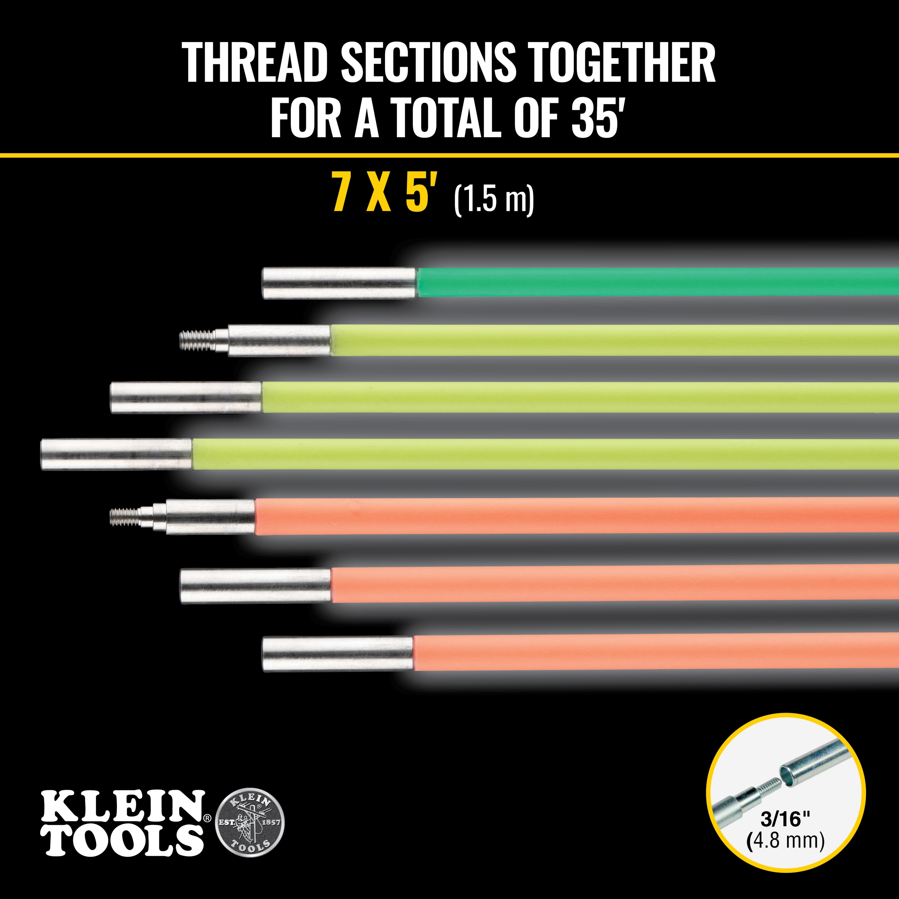 Klein® 50354 Multi-Flex Glow Rod Set, 35 ft L, 1/4 in Dia Pole, Fiberglass