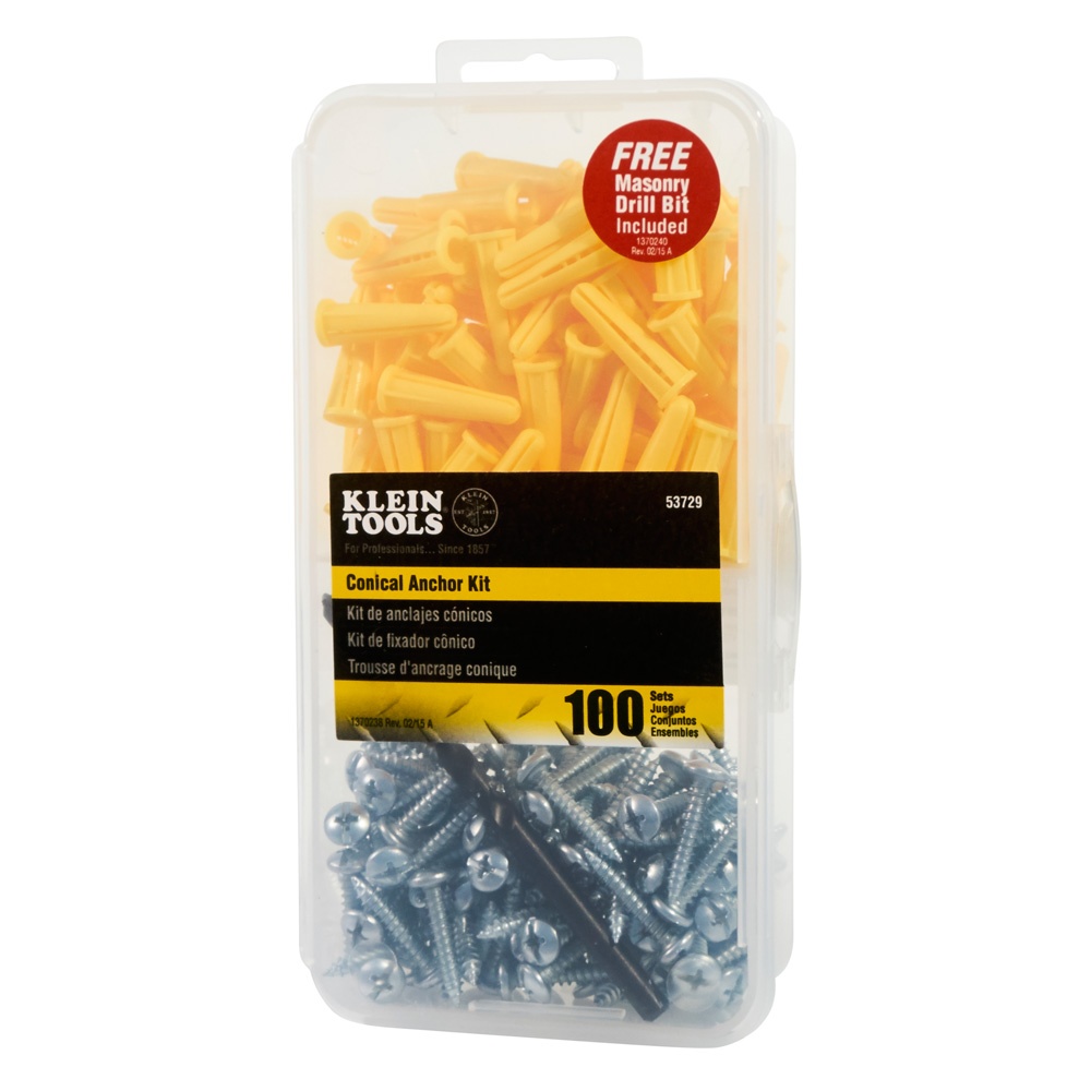 Klein® 53729 Conical Anchor Kit, 1/4 in Drill, 100 Pieces, Steel