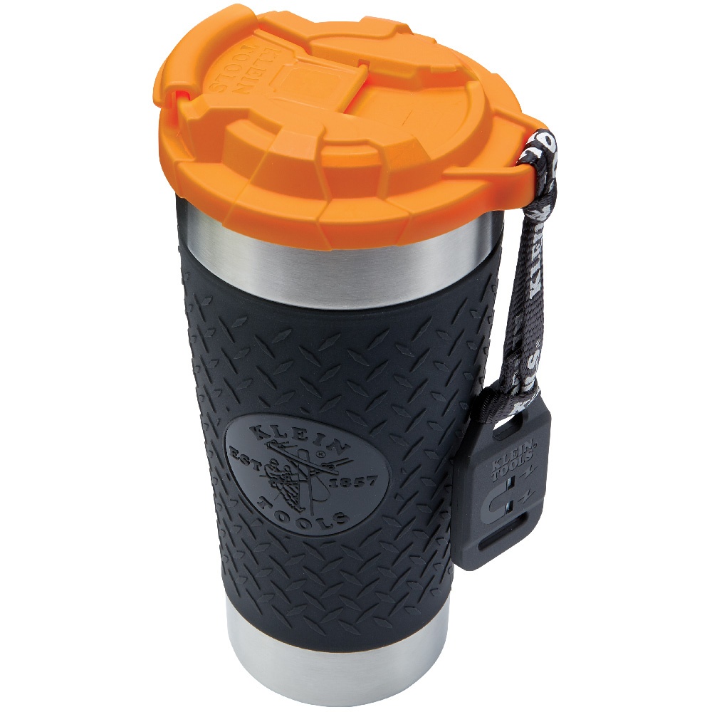 Klein® Tradesman Pro™ 55580 Vacuum Insulated Tumbler With Polypropylene Flip-Top Lid, 20 oz Capacity, Black/Orange, Stainless Steel, 3.59 in Dia x 8.4 in H