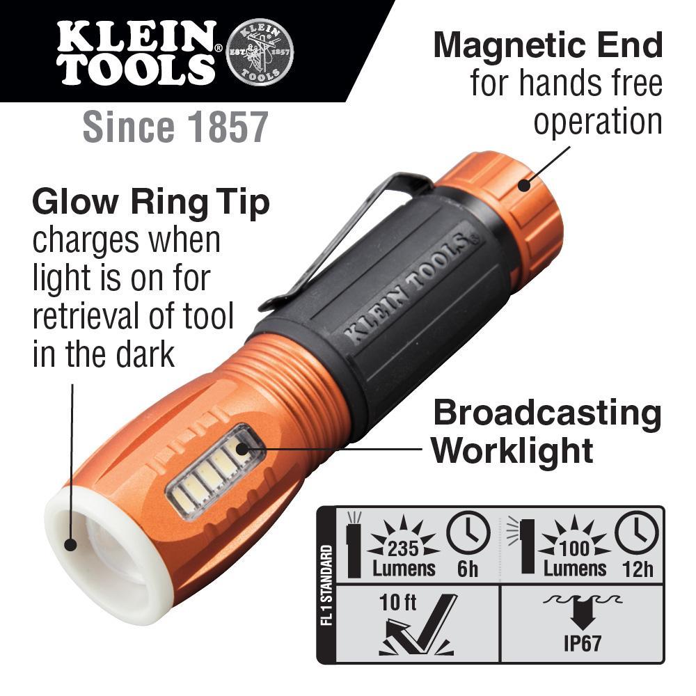 Klein® 56028 Water Resistant Flashlight, LED Bulb, Aluminum Housing, 235 Lumens